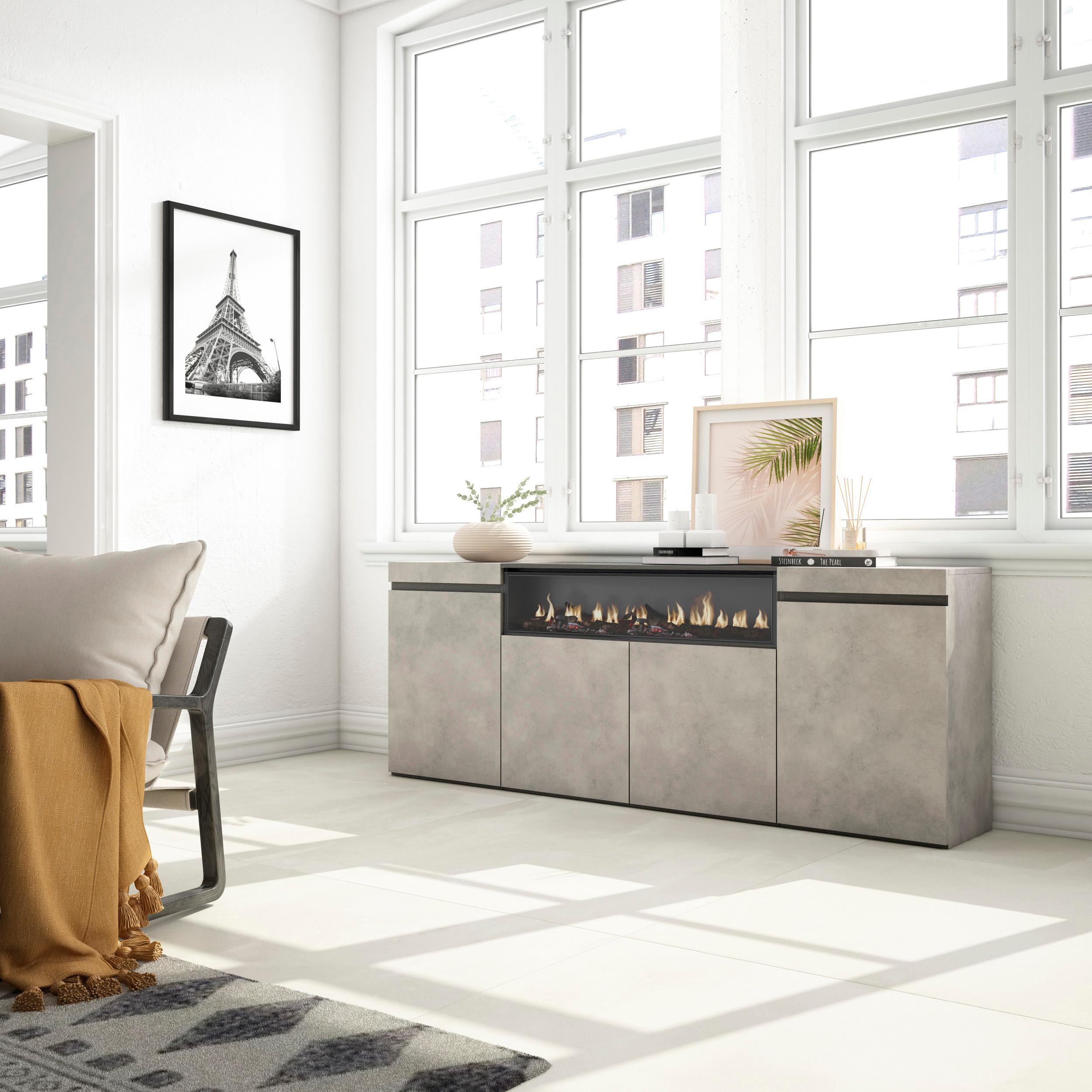foto del prodotto credenza, mobile, 200x35x75cm, 4 porte, camino elettrico, grigio cemento rf2286