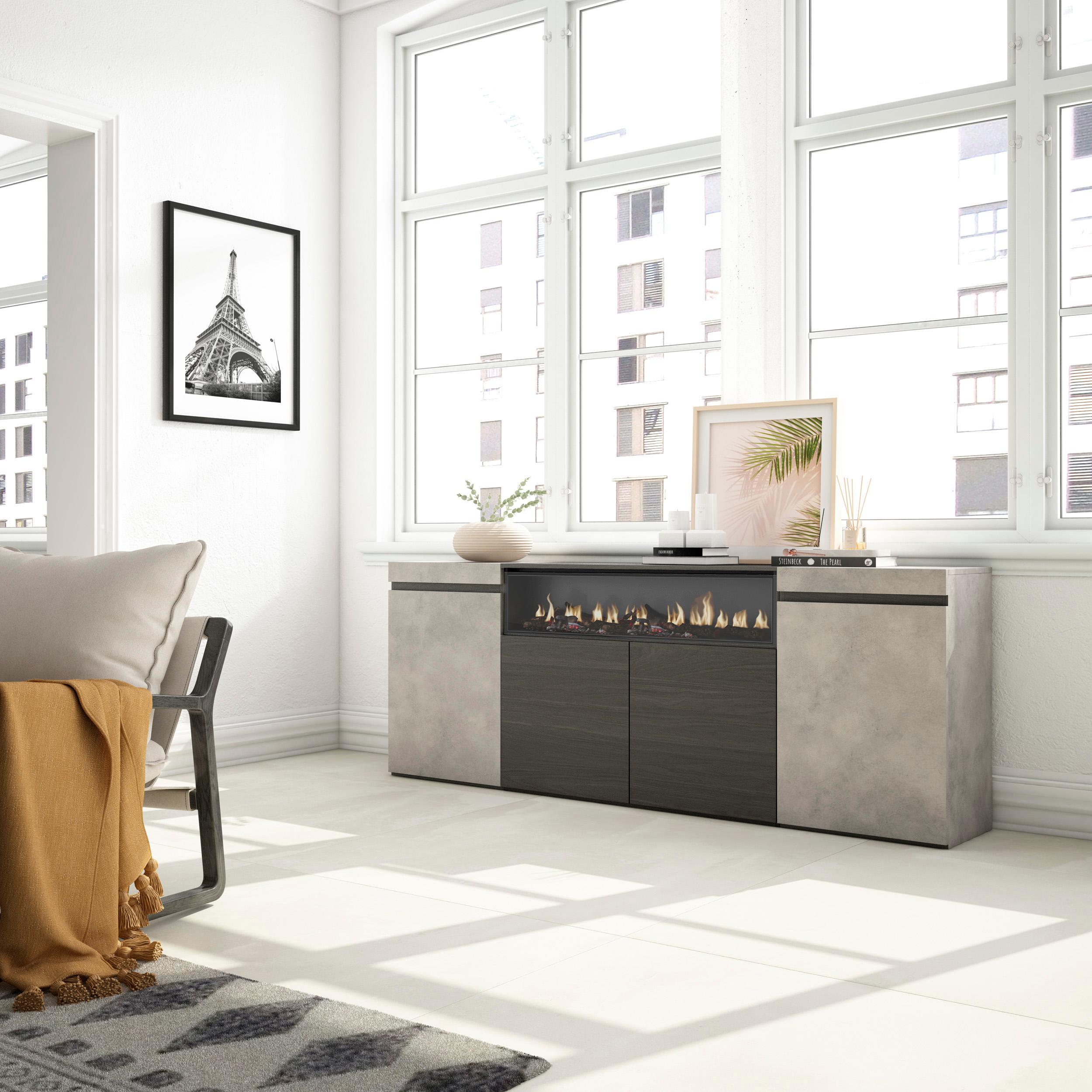 foto del prodotto credenza, mobile, 200x35x75cm, 4 porte, camino elettrico, grigio cemento rf2306