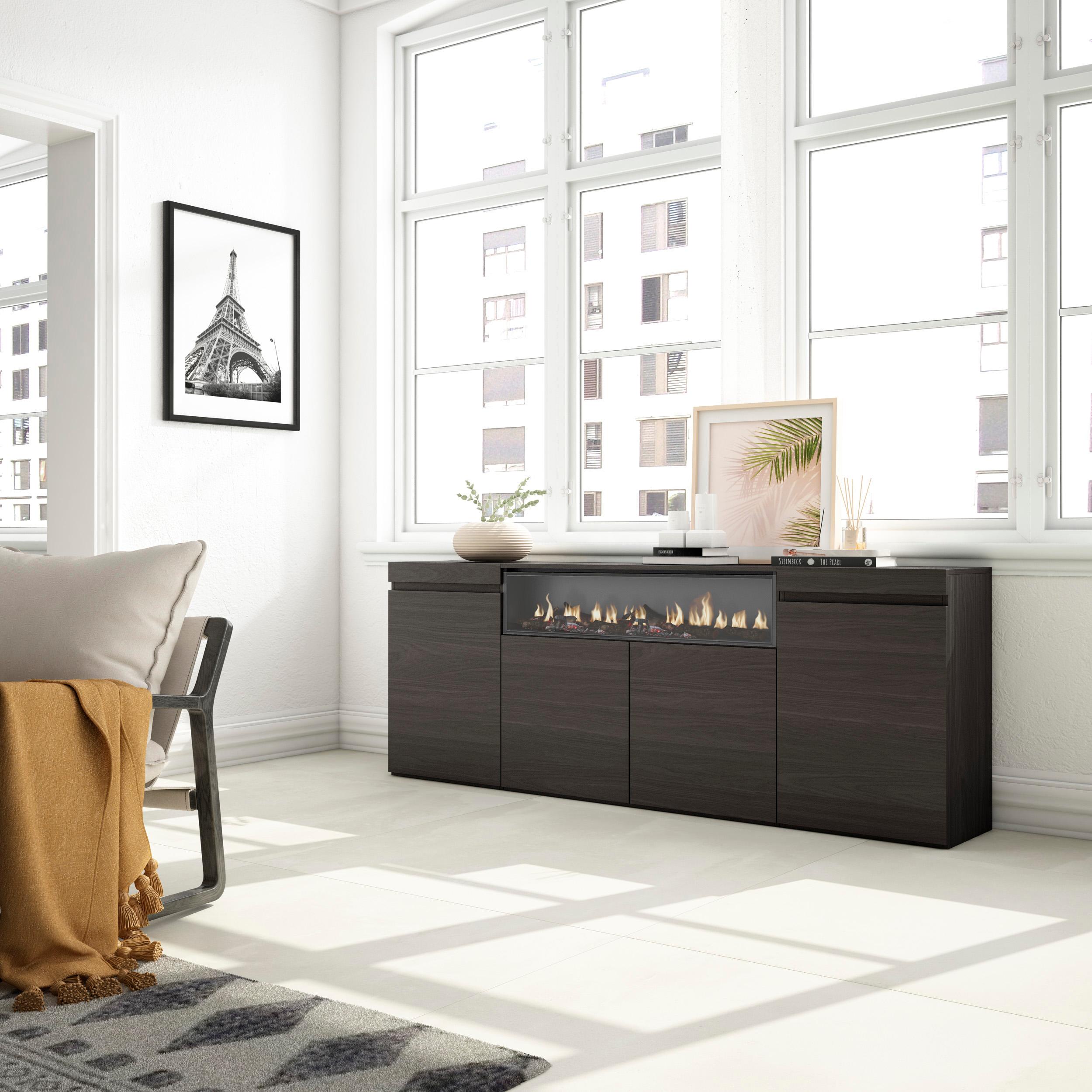foto del prodotto credenza, mobile, 200x35x75cm, 4 porte, camino elettrico, nero rf2294