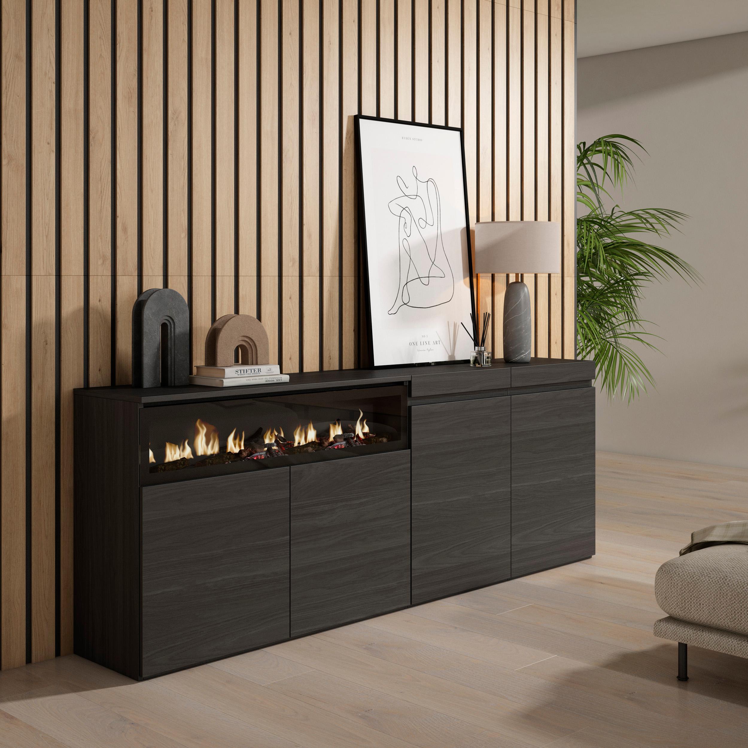 foto del prodotto credenza, mobile, 200x35x75cm, 4 porte, camino elettrico, nero rf2385