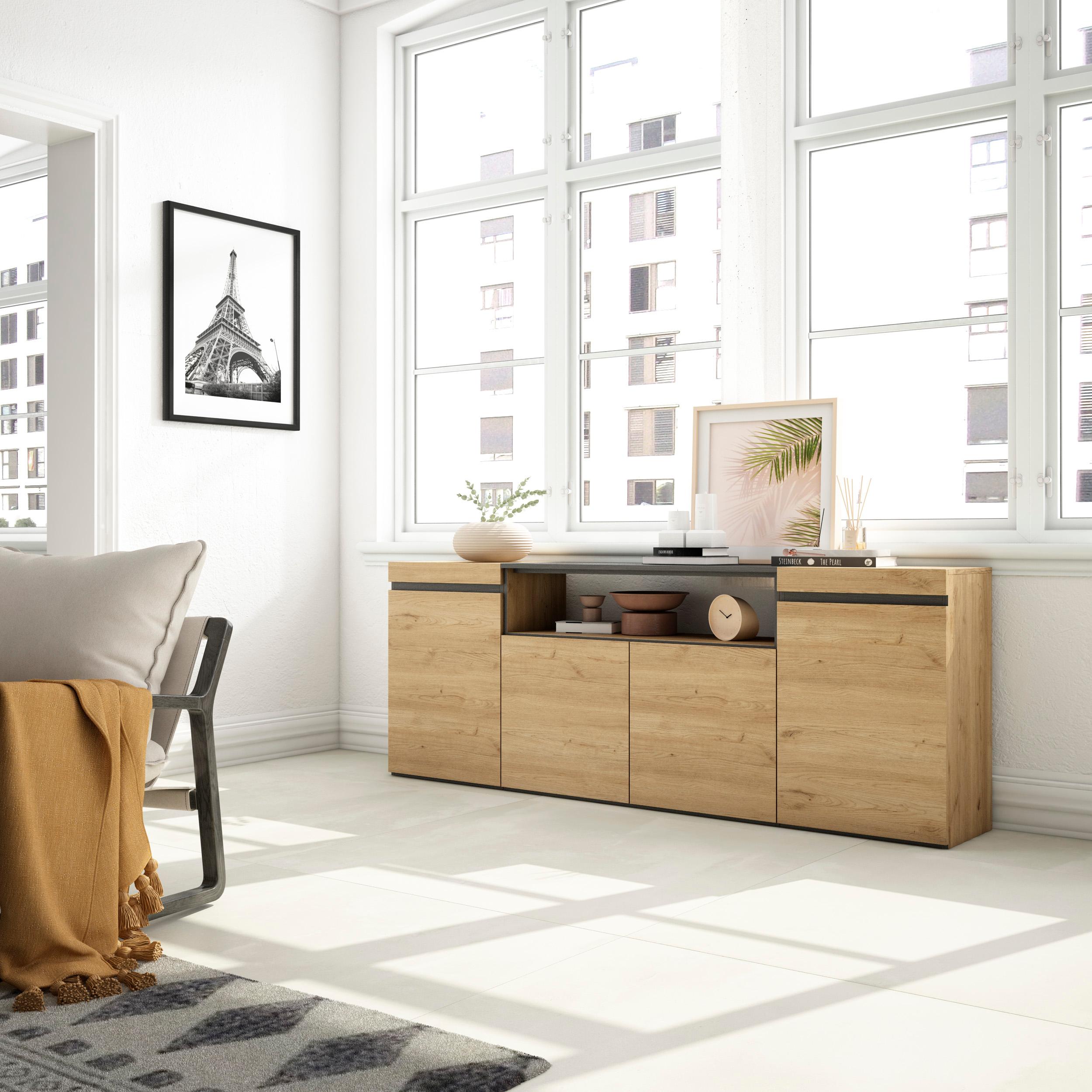 foto del prodotto credenza, mobile, 200x35x75cm, 4 porte, grande stoccaggio, colore rovere e nero rf2280