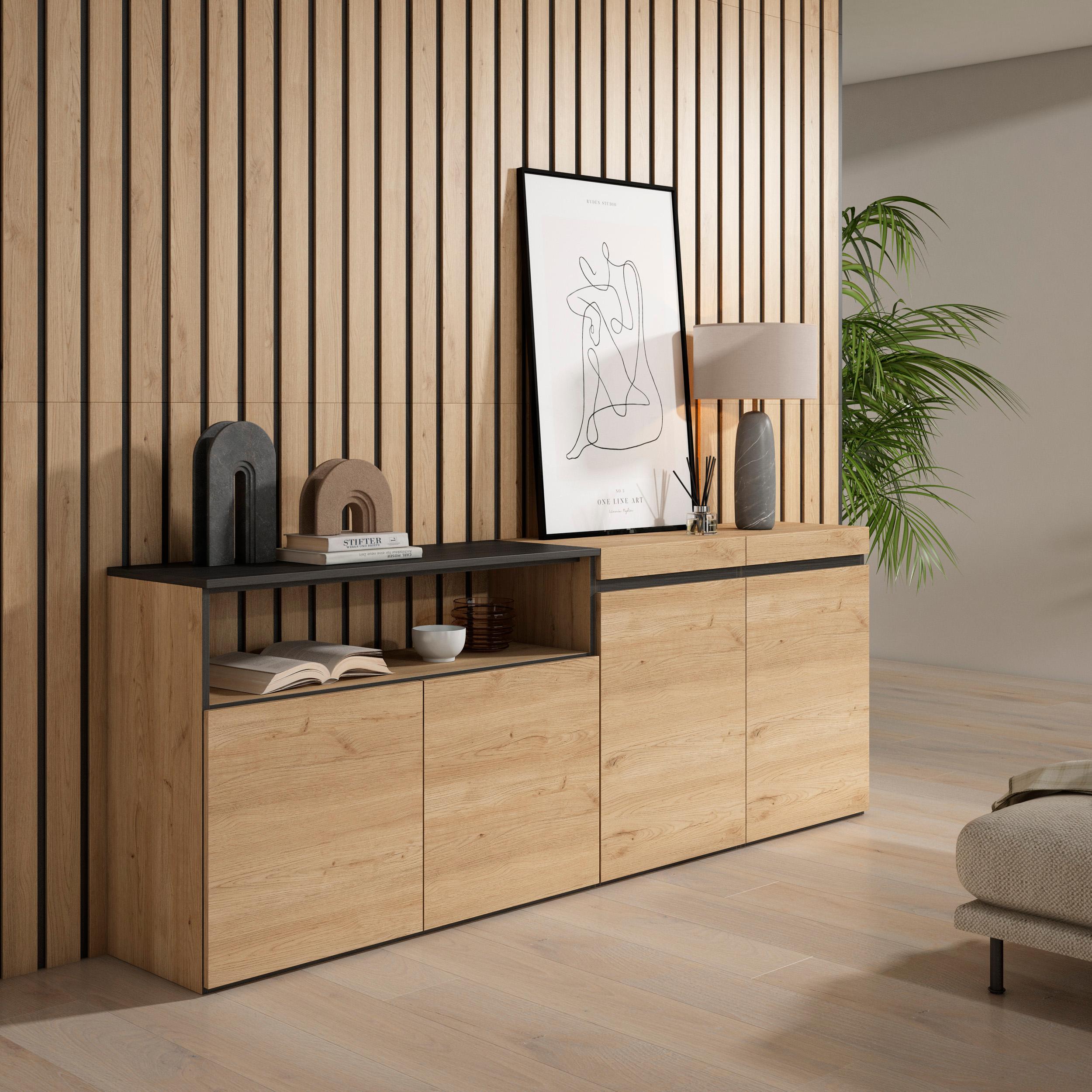 foto del prodotto credenza, mobile, 200x35x75cm, 4 porte, grande stoccaggio, colore rovere e nero rf2308
