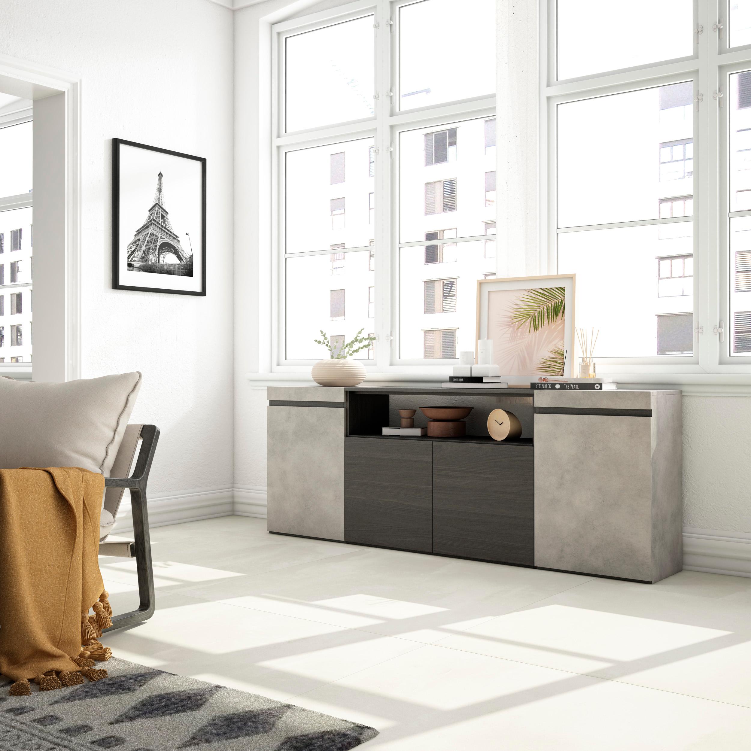 foto del prodotto credenza, mobile, 200x35x75cm, 4 porte, grande stoccaggio, grigio cemento rf2304