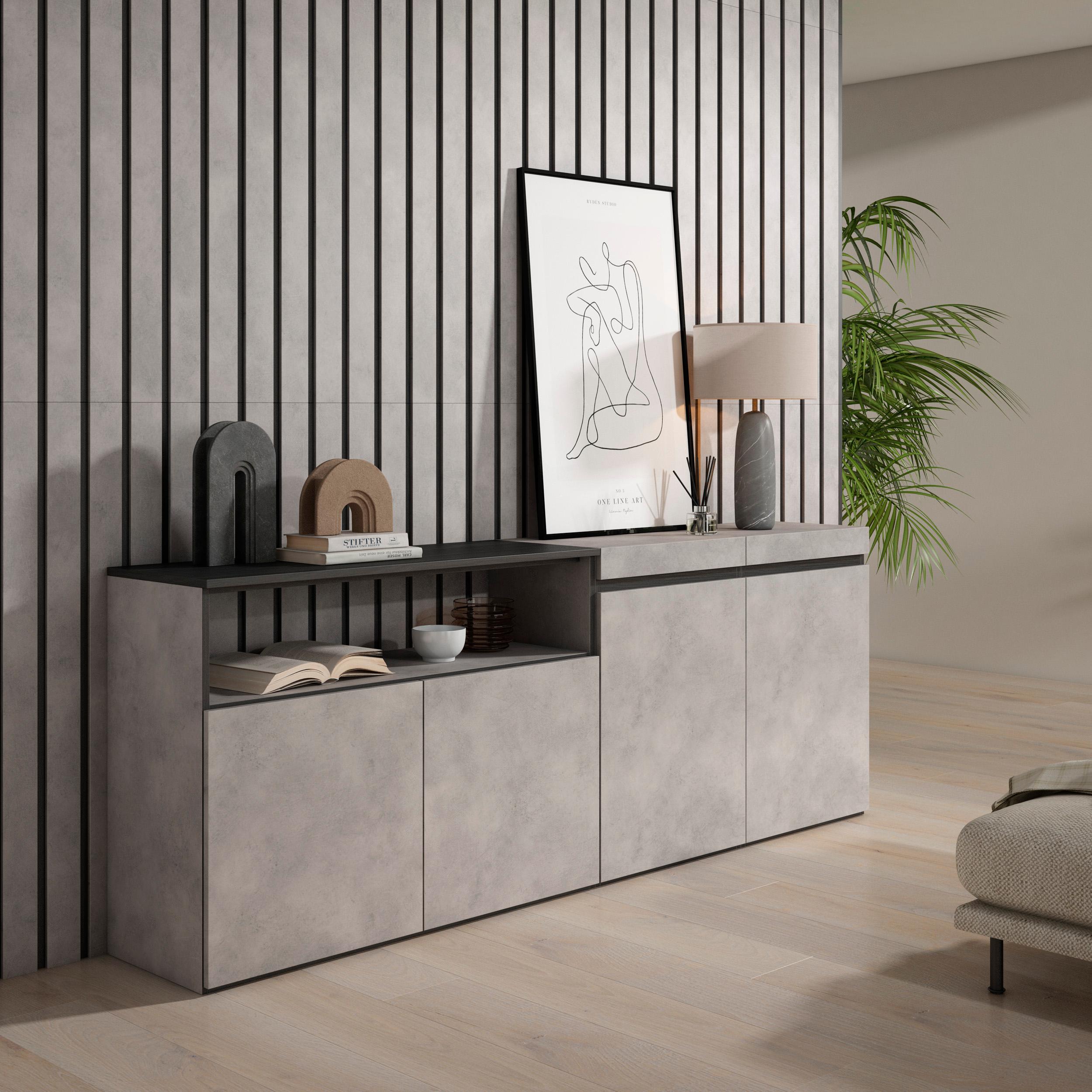 foto del prodotto credenza, mobile, 200x35x75cm, 4 porte, grande stoccaggio, grigio cemento rf2367