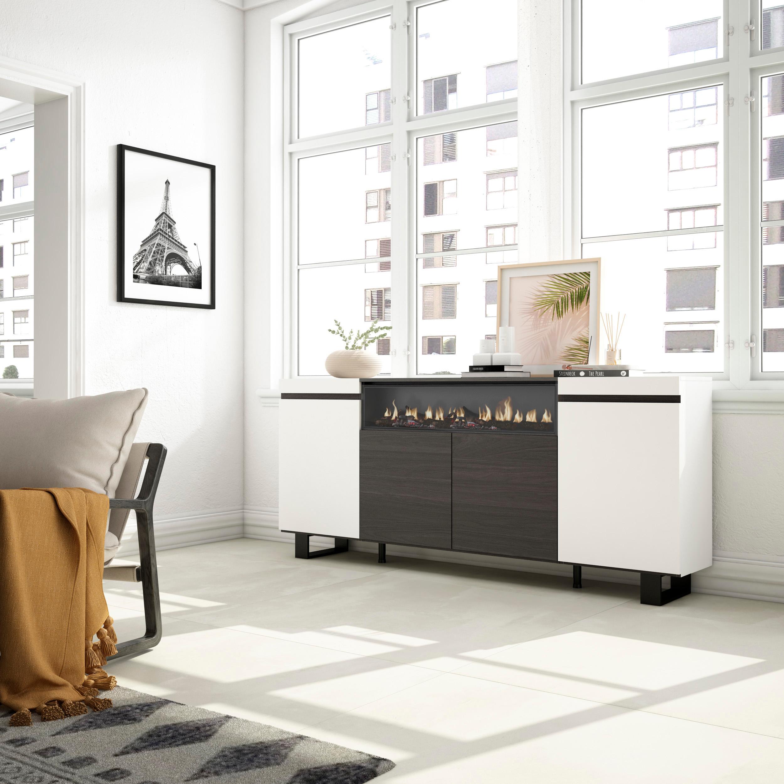 foto del prodotto credenza, mobile, 200x35x87cm, 4 porte, camino elettrico, design industriale, bianco e nero rf2299