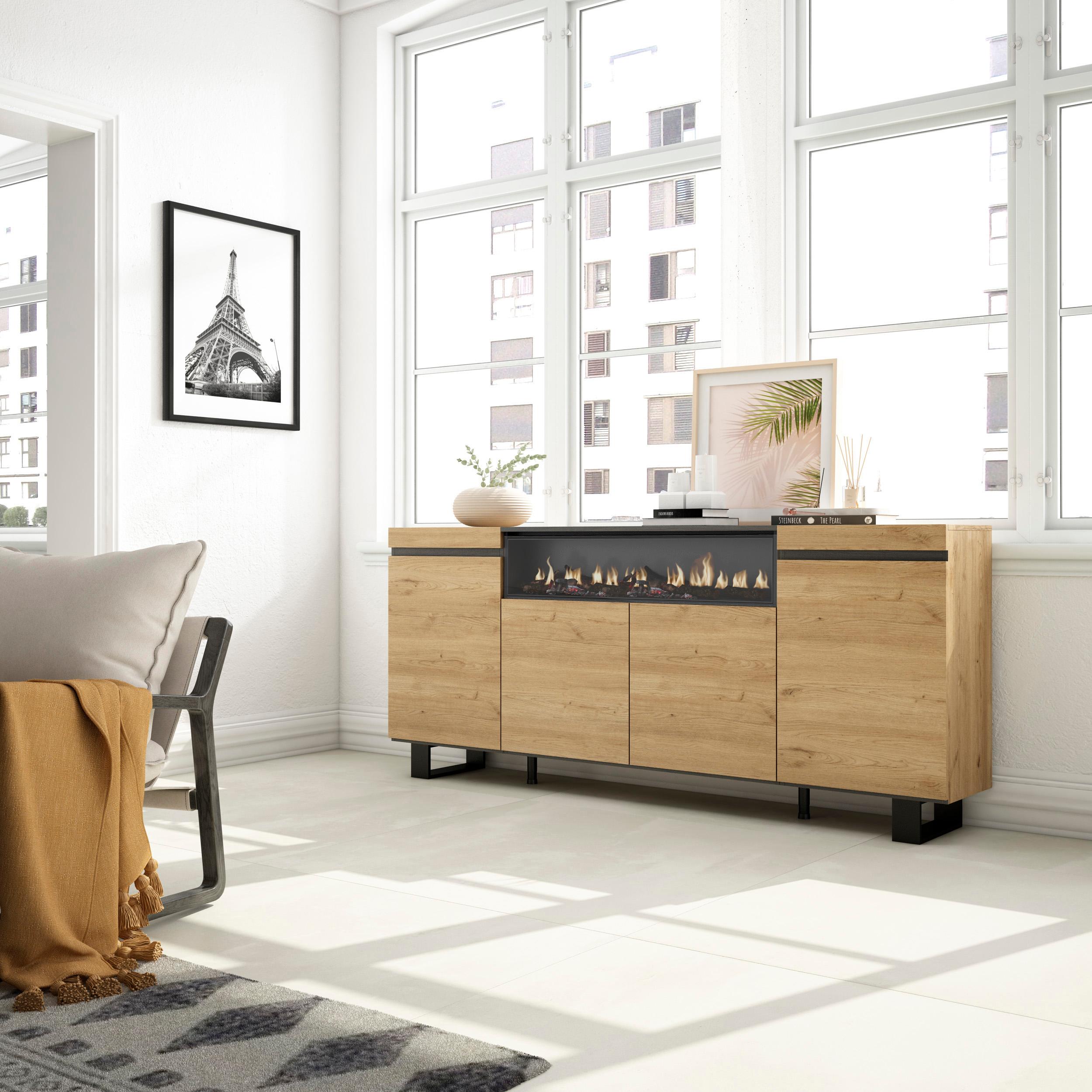 foto del prodotto credenza, mobile, 200x35x87cm, 4 porte, camino elettrico, design industriale, colore rovere e nero rf2283