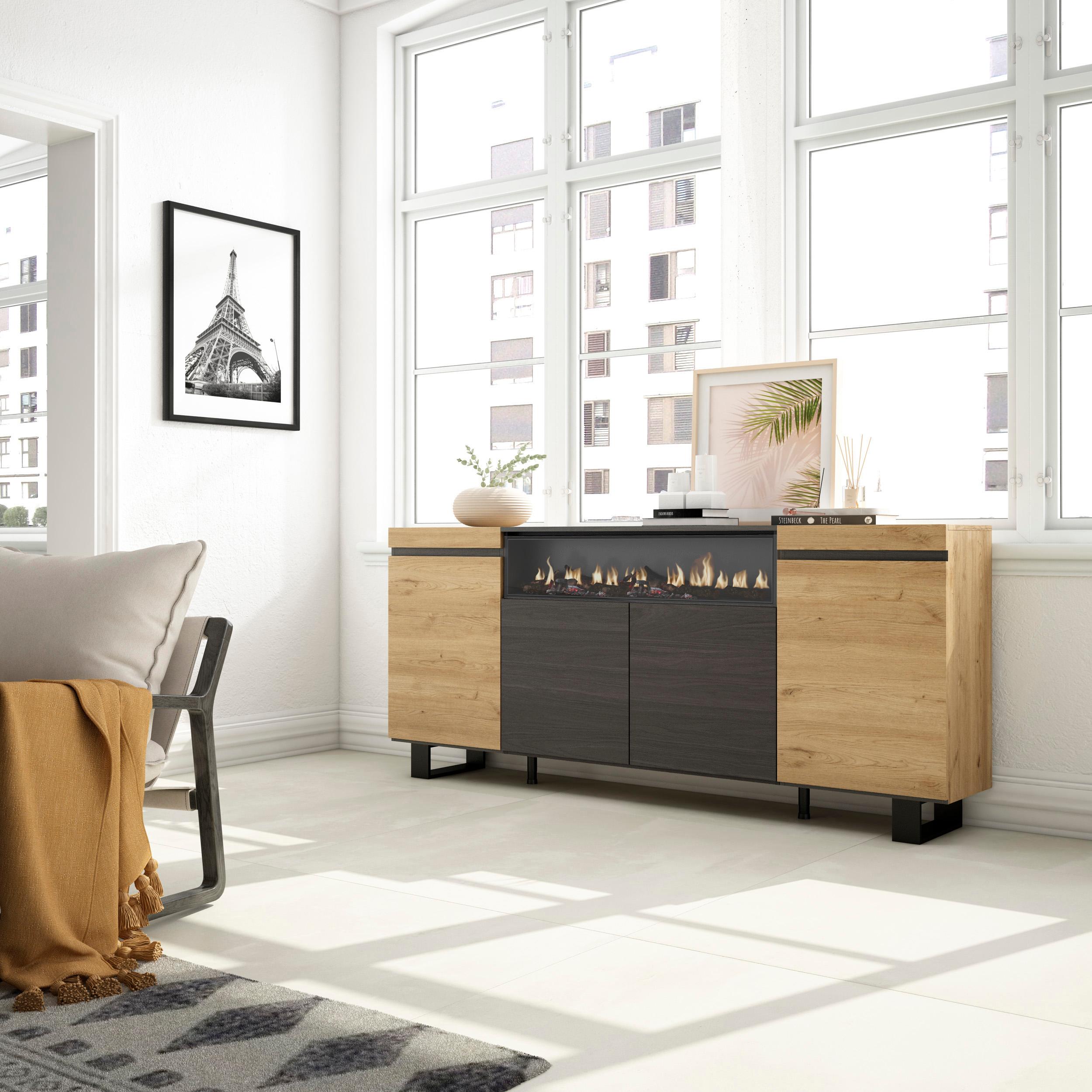 foto del prodotto credenza, mobile, 200x35x87cm, 4 porte, camino elettrico, design industriale, colore rovere e nero rf2291