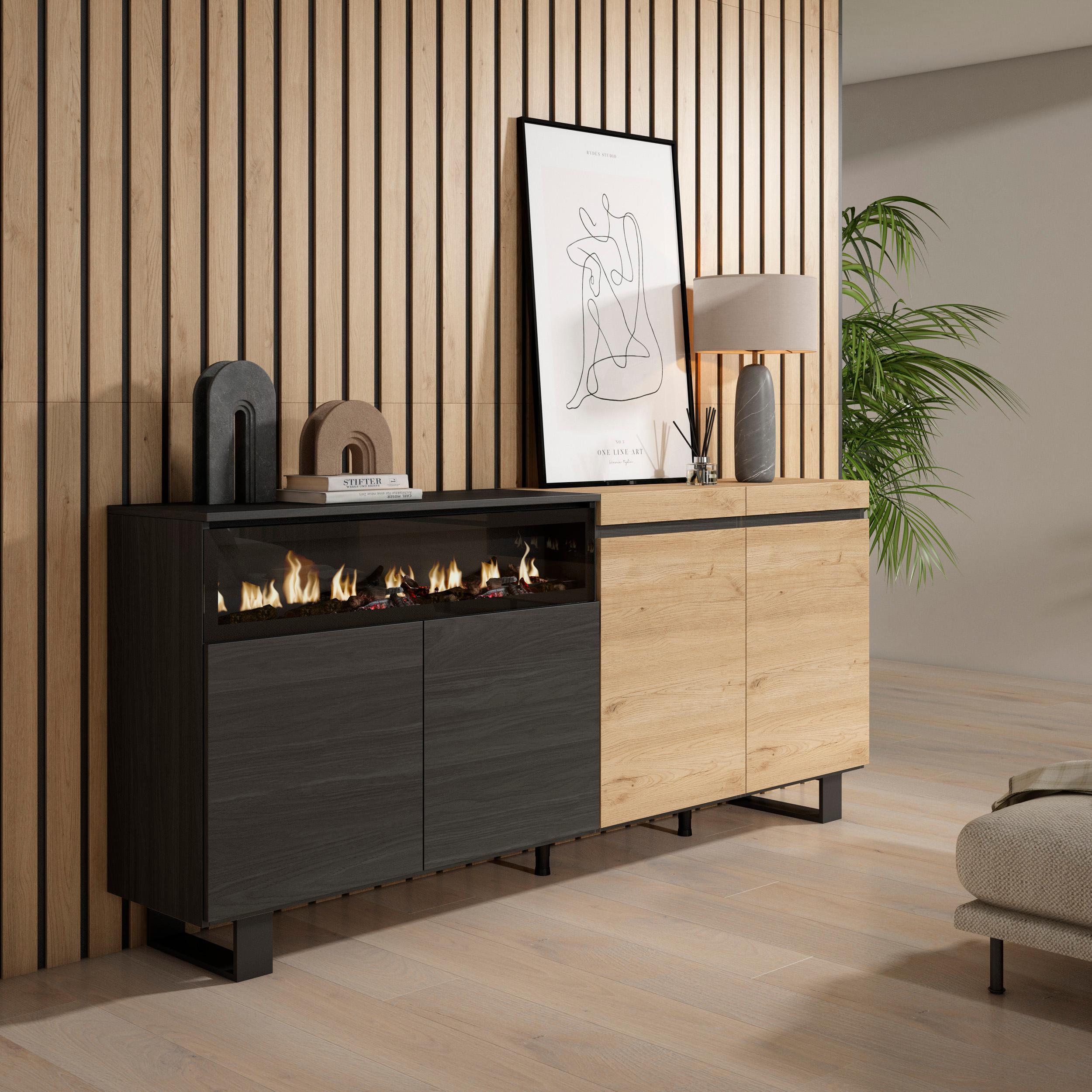 foto del prodotto credenza, mobile, 200x35x87cm, 4 porte, camino elettrico, design industriale, colore rovere e nero rf2378