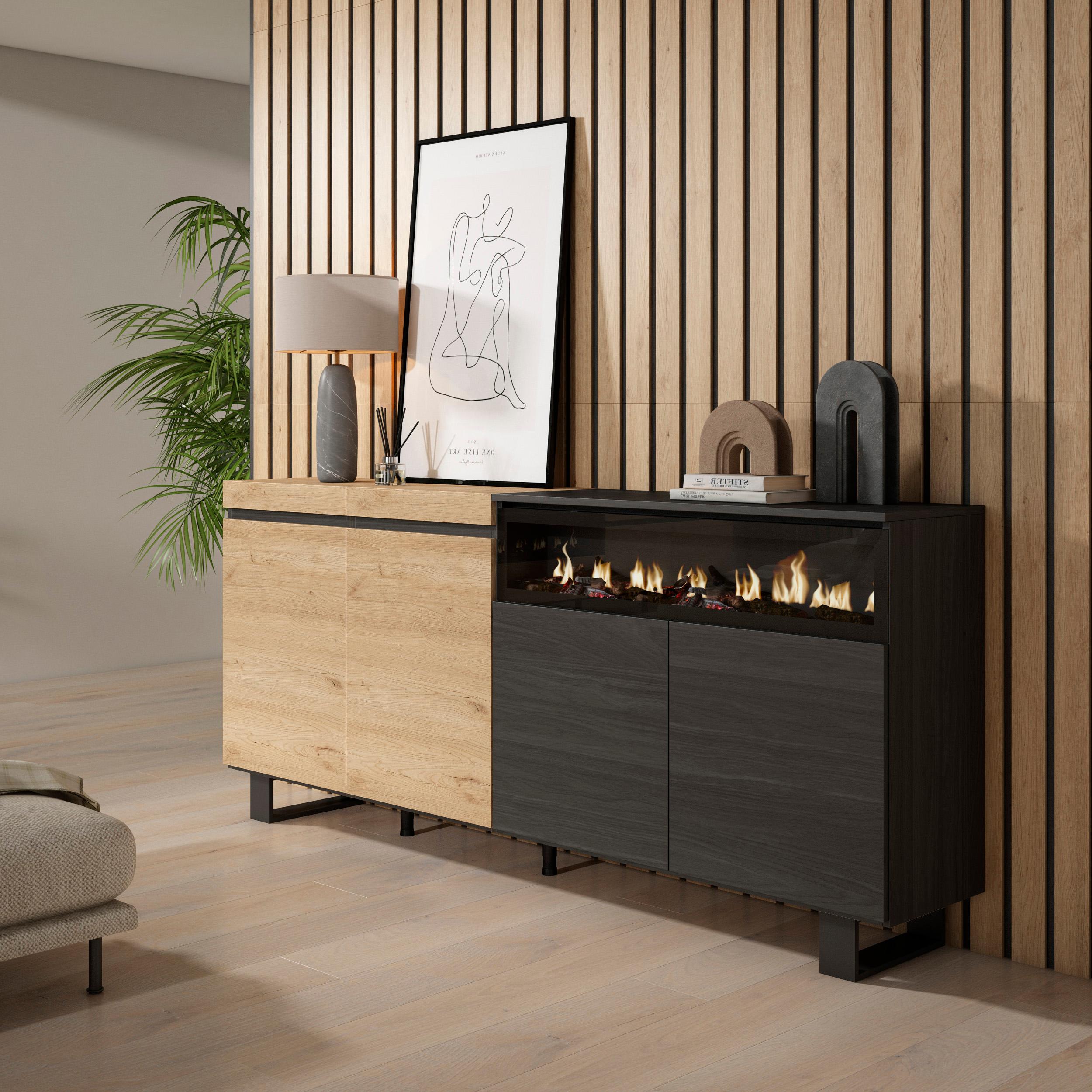 foto del prodotto credenza, mobile, 200x35x87cm, 4 porte, camino elettrico, design industriale, colore rovere e nero rf2382