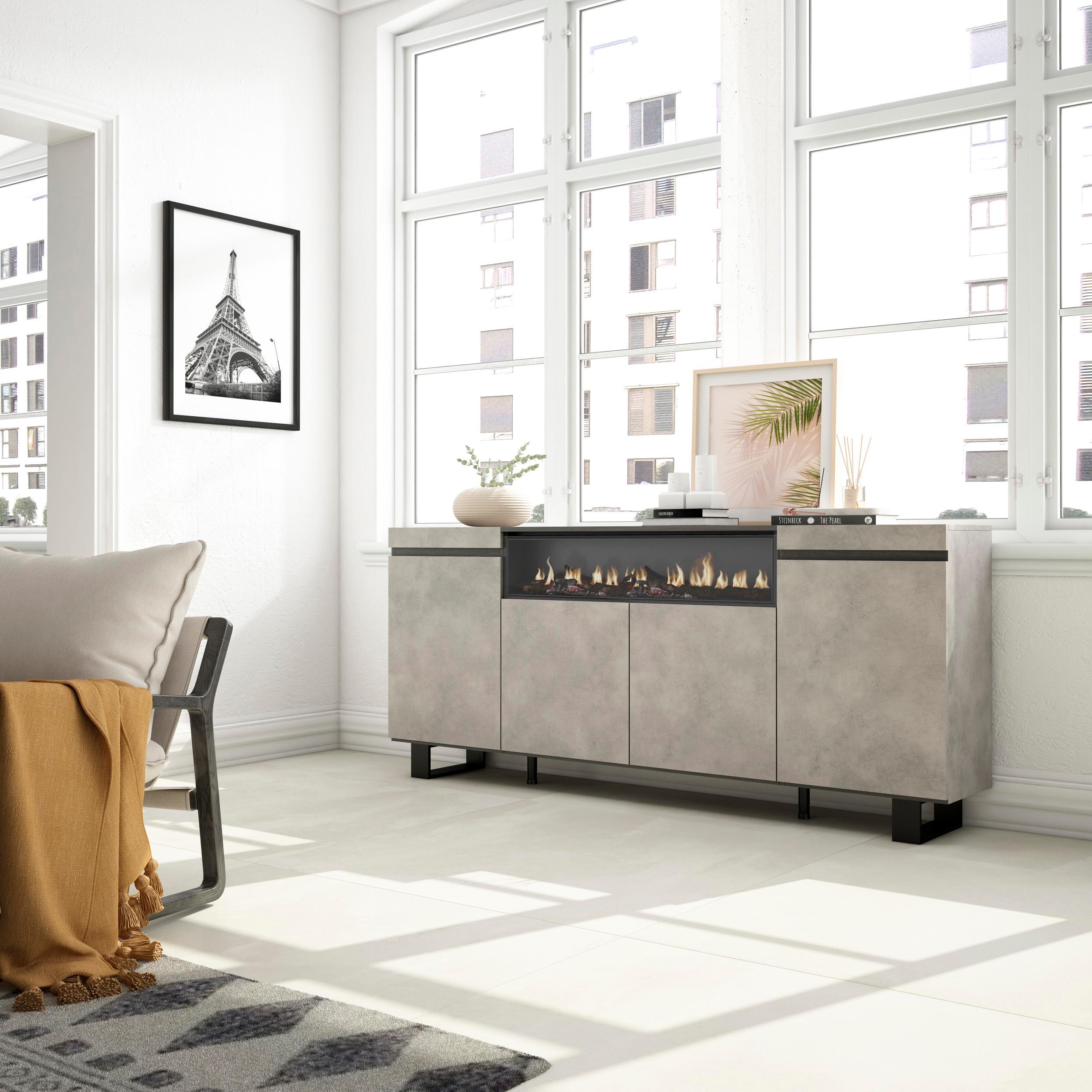 foto del prodotto credenza, mobile, 200x35x87cm, 4 porte, camino elettrico, design industriale, grigio cemento rf2287
