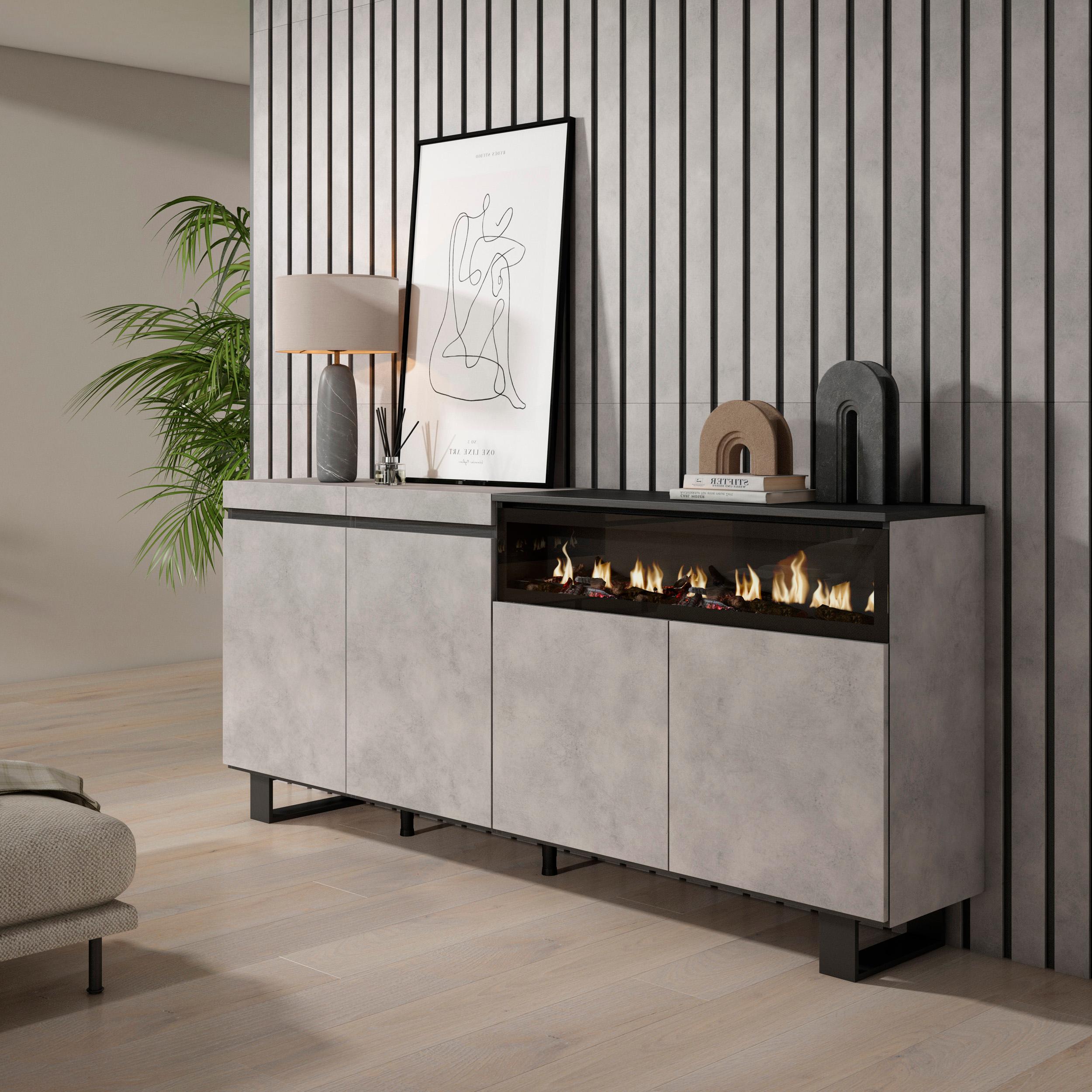 foto del prodotto credenza, mobile, 200x35x87cm, 4 porte, camino elettrico, design industriale, grigio cemento rf2374
