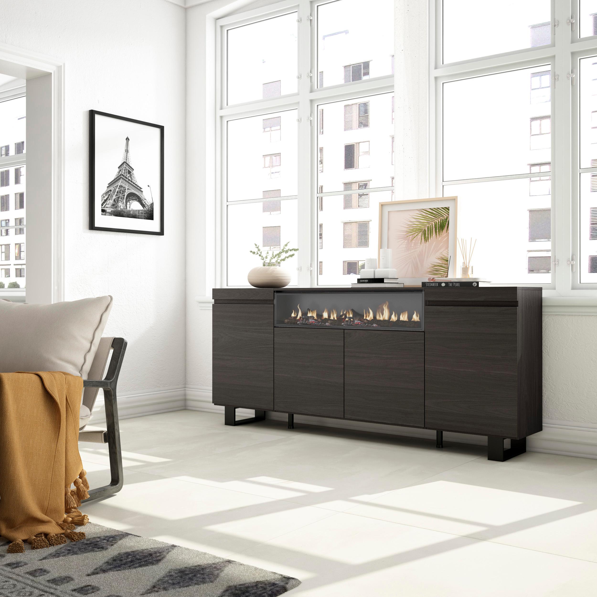 foto del prodotto credenza, mobile, 200x35x87cm, 4 porte, camino elettrico, design industriale, nero rf2295
