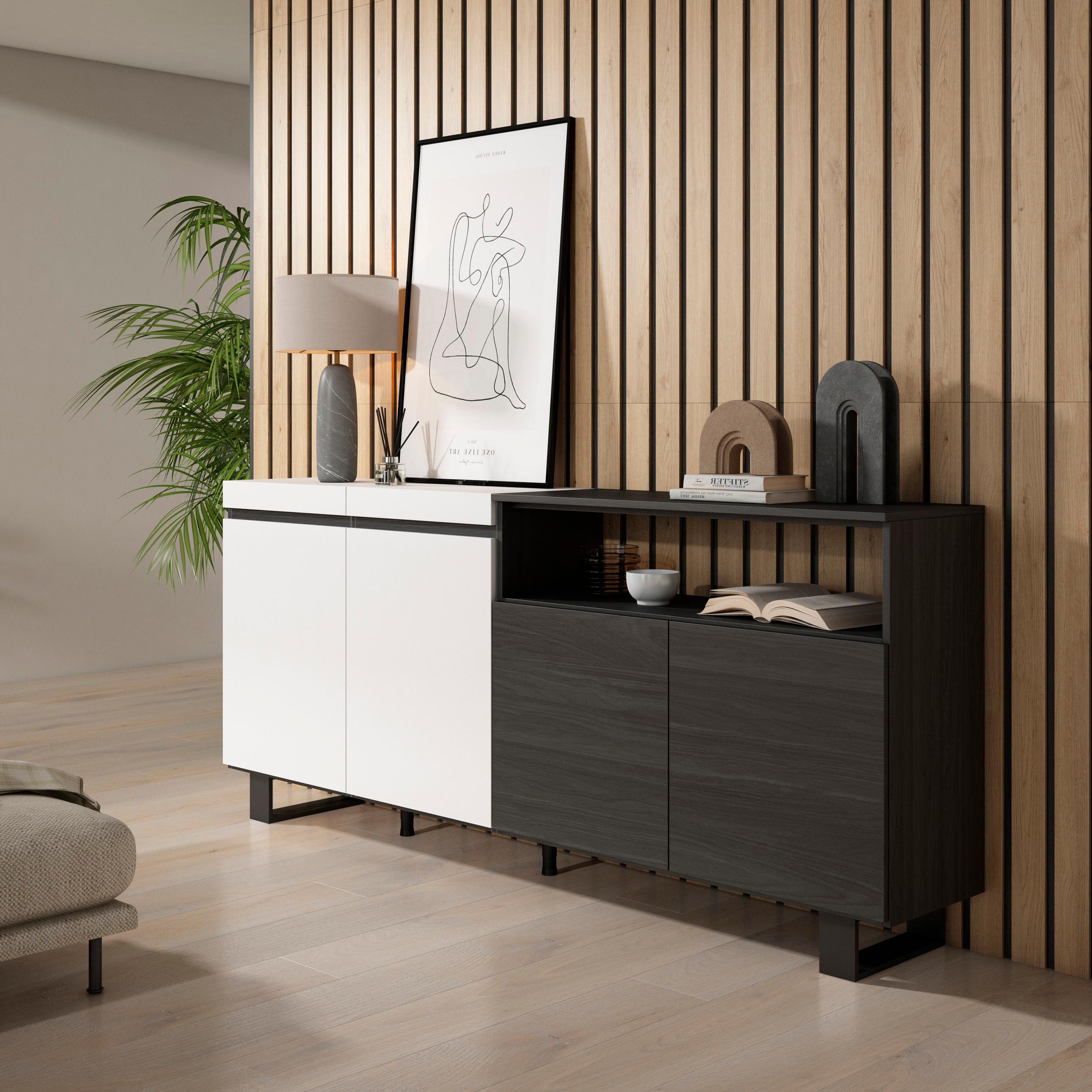 foto del prodotto credenza, mobile, 200x35x87cm, 4 porte, design industriale, bianco e nero rf2396