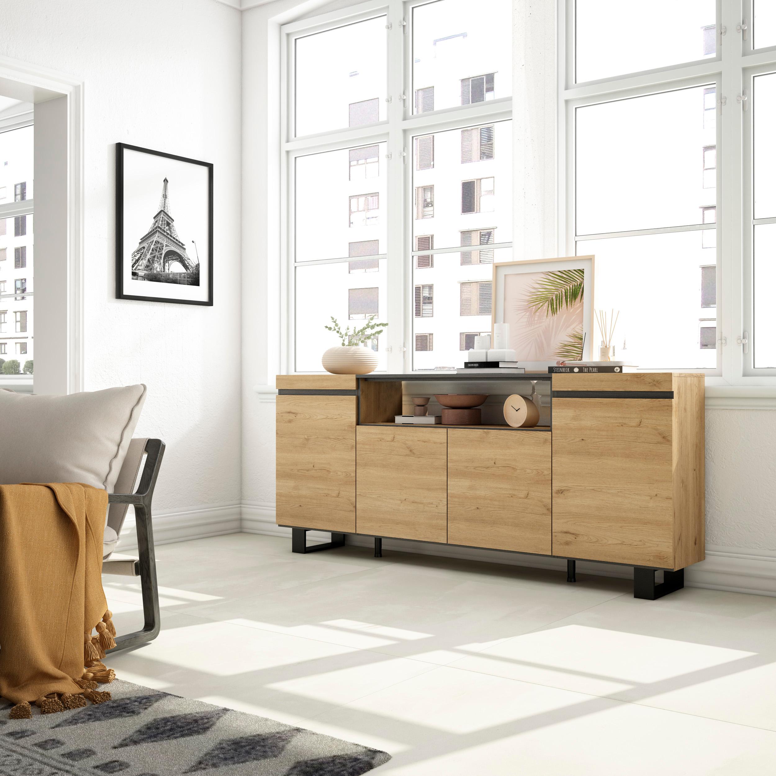 foto del prodotto credenza, mobile, 200x35x87cm, 4 porte, design industriale, colore rovere e nero rf2281