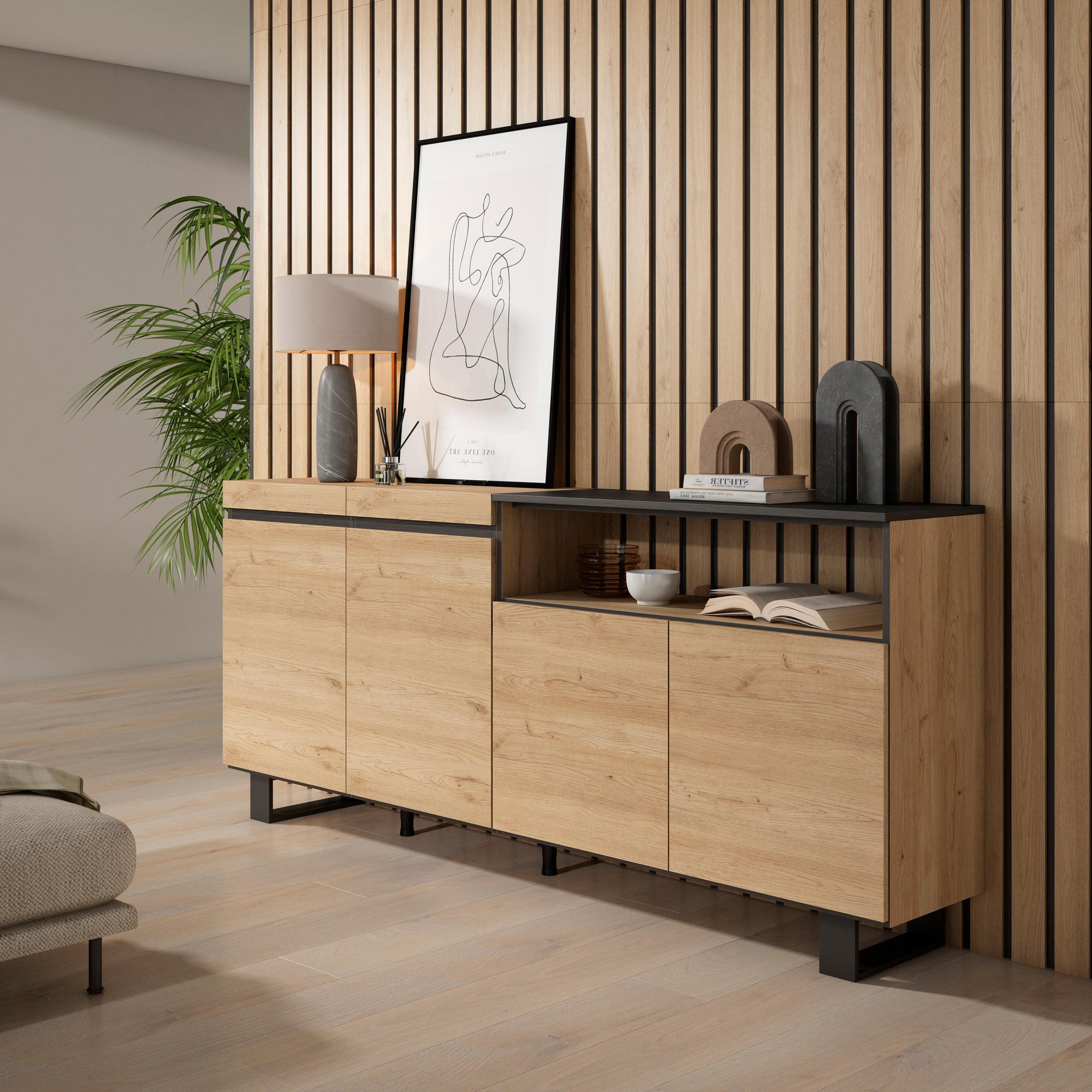 foto del prodotto credenza, mobile, 200x35x87cm, 4 porte, design industriale, colore rovere e nero rf2317