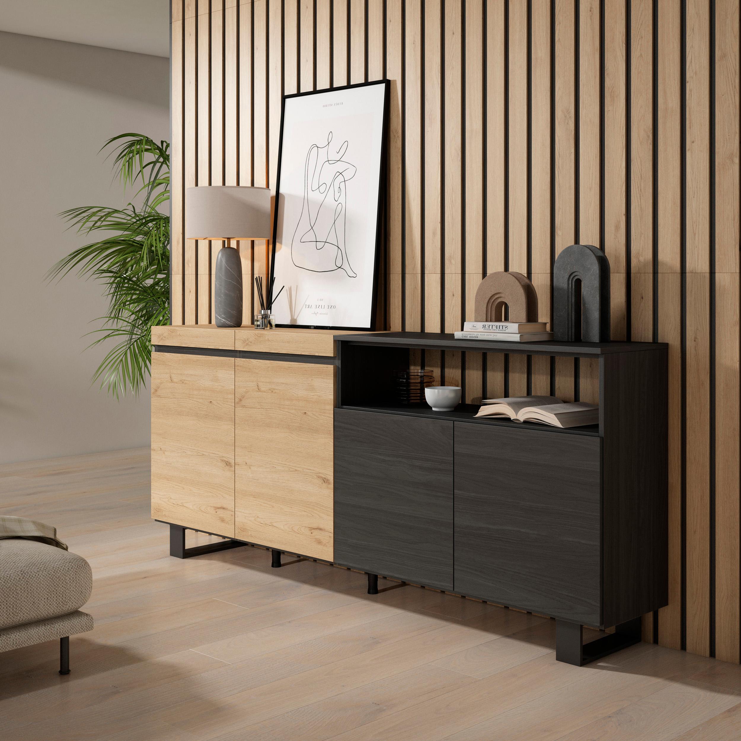 foto del prodotto credenza, mobile, 200x35x87cm, 4 porte, design industriale, colore rovere e nero rf2380