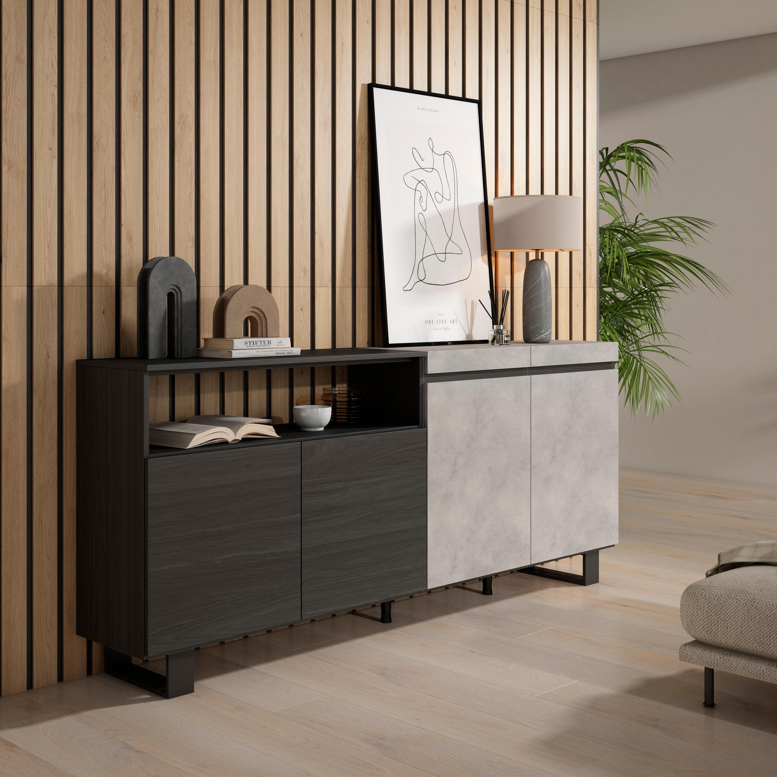 foto del prodotto credenza, mobile, 200x35x87cm, 4 porte, design industriale, grigio cemento rf2408