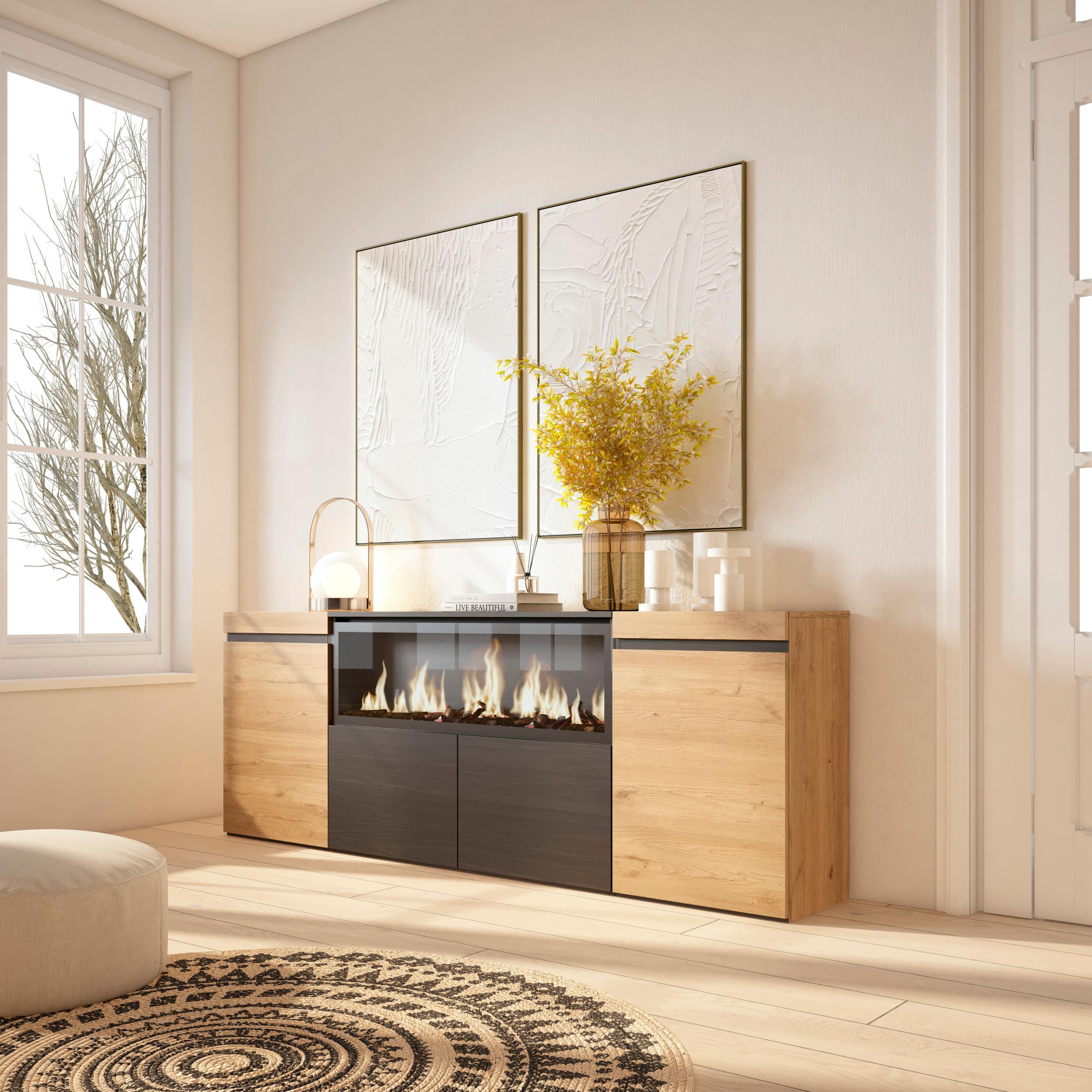 foto del prodotto credenza, mobile, 208x35x75cm, 4 porte, camino elettrico xxl, colore rovere e nero rf3220