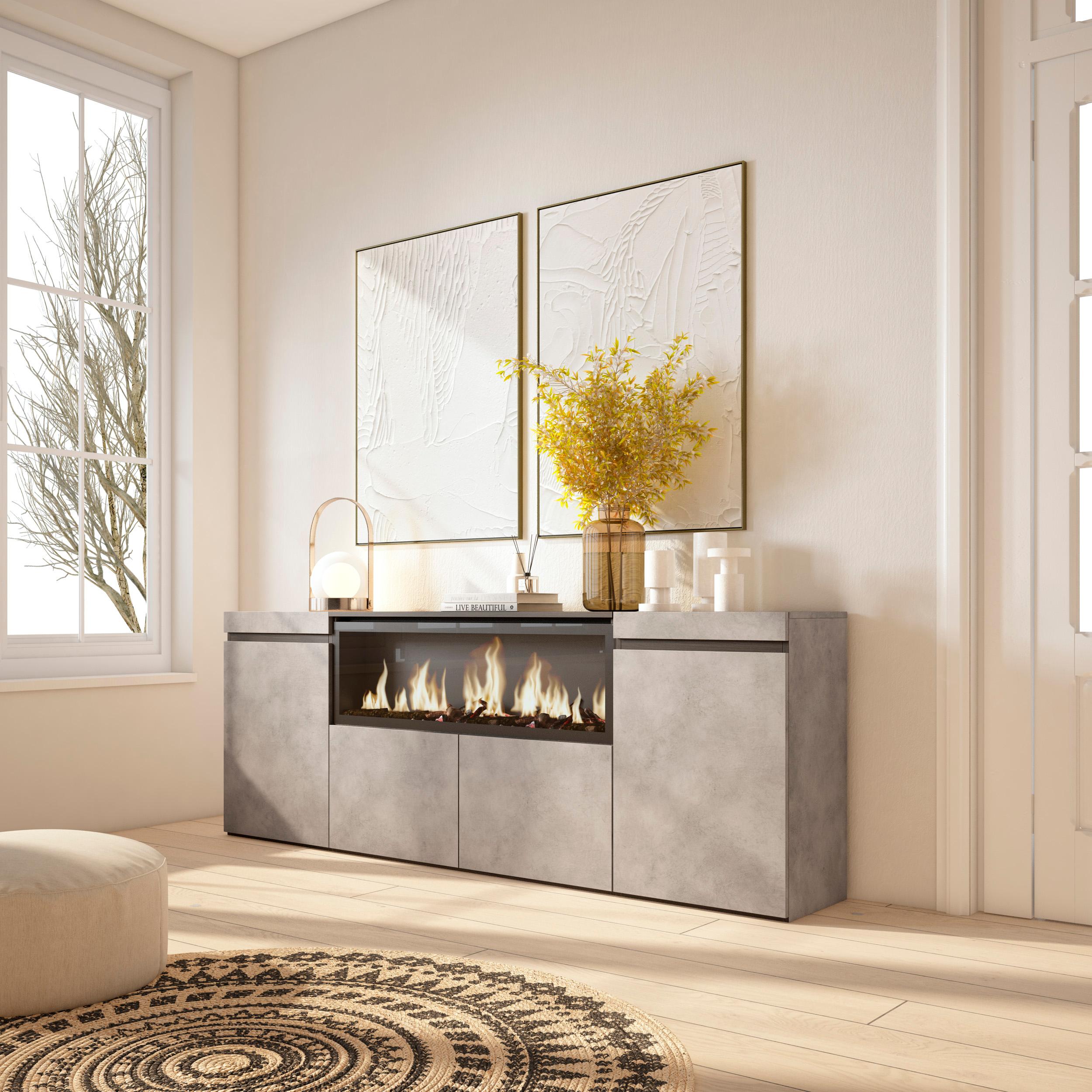 foto del prodotto credenza, mobile, 208x35x75cm, 4 porte, camino elettrico xxl, grigio cemento rf3232