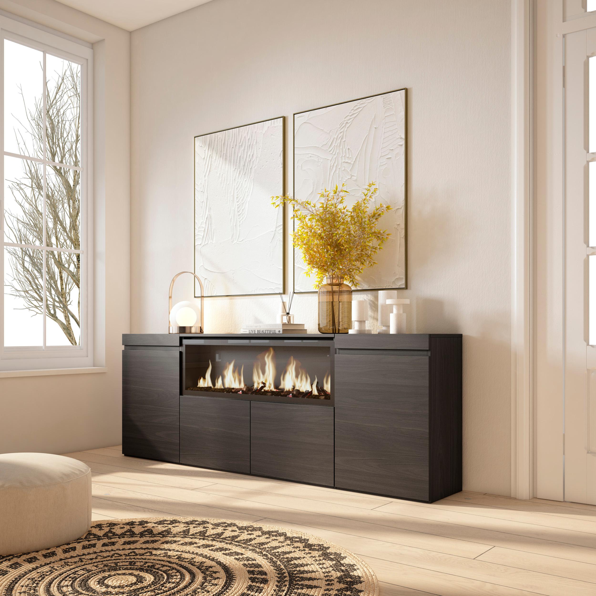 foto del prodotto credenza, mobile, 208x35x75cm, 4 porte, camino elettrico xxl, nero rf3213