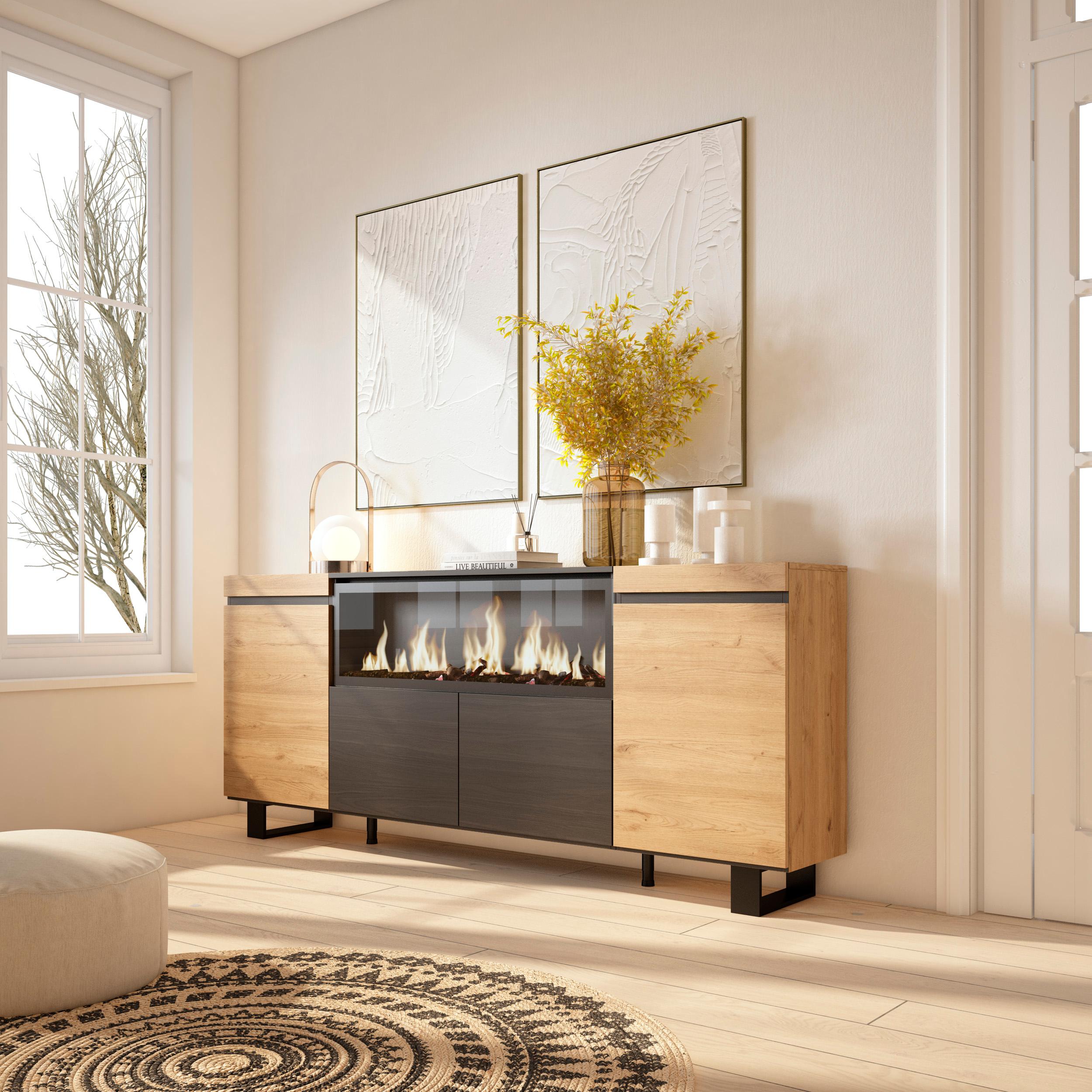 foto del prodotto credenza, mobile, 208x35x87cm, 4 porte, camino elettrico xxl, design industriale, colore rovere e nero rf3223