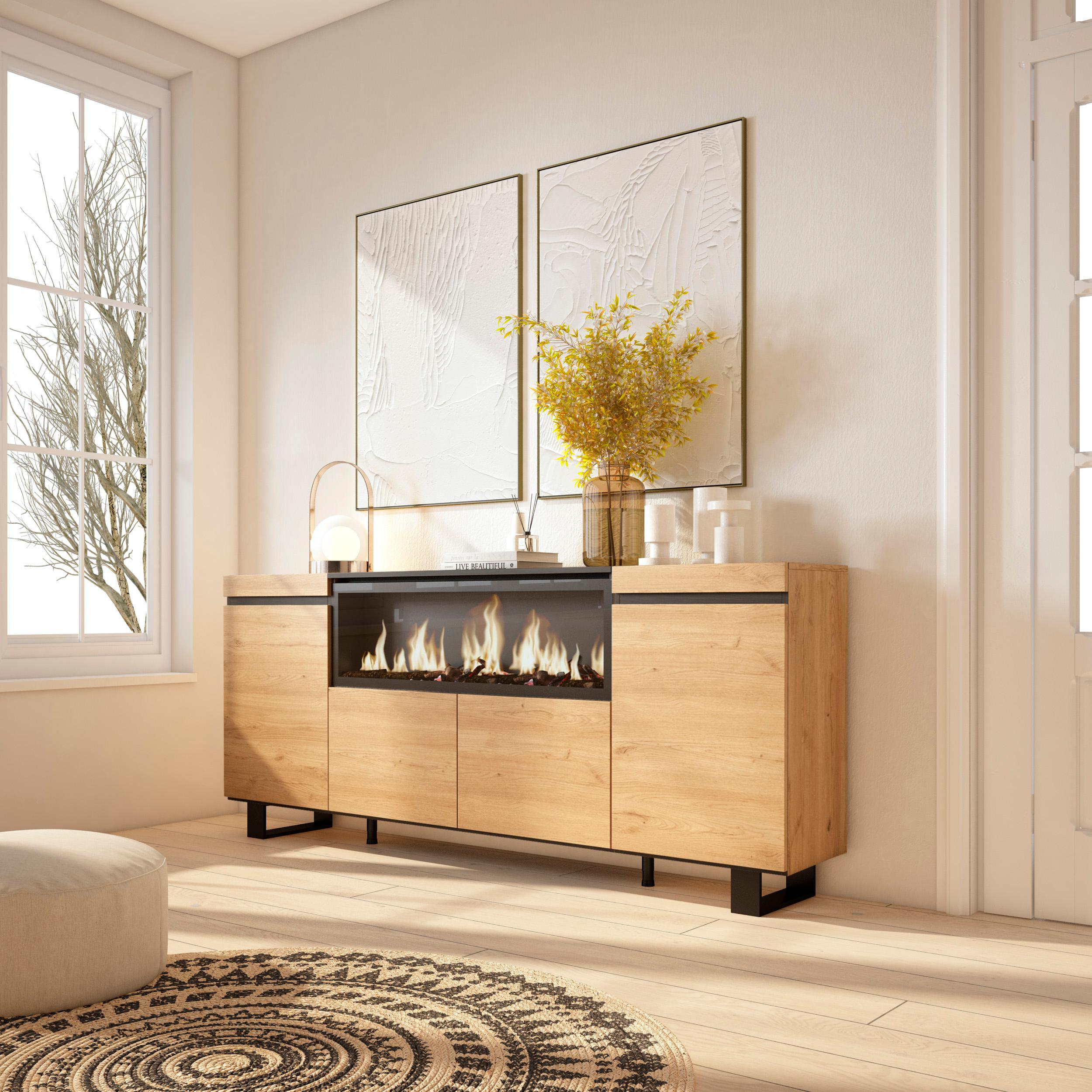 foto del prodotto credenza, mobile, 208x35x87cm, 4 porte, camino elettrico xxl, design industriale, colore rovere rf3229