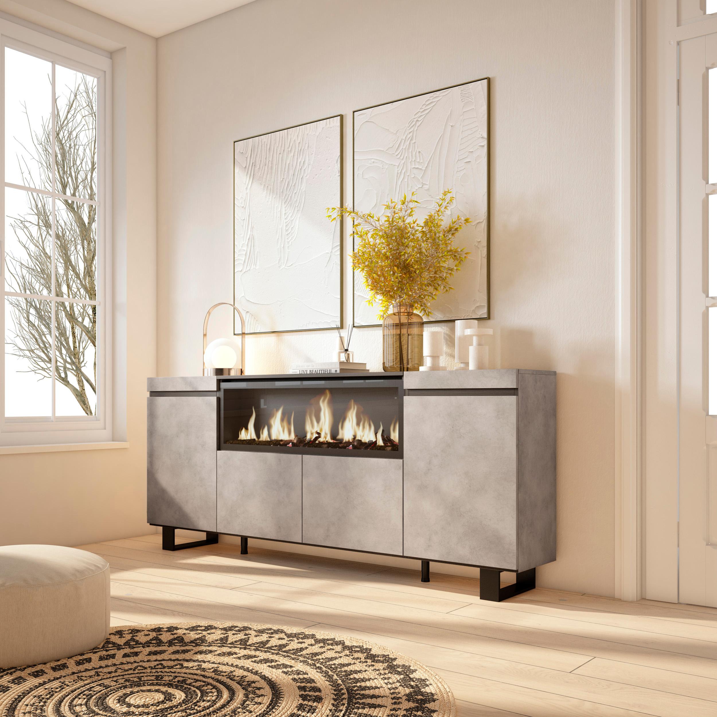 foto del prodotto credenza, mobile, 208x35x87cm, 4 porte, camino elettrico xxl, design industriale, grigio cemento rf3234