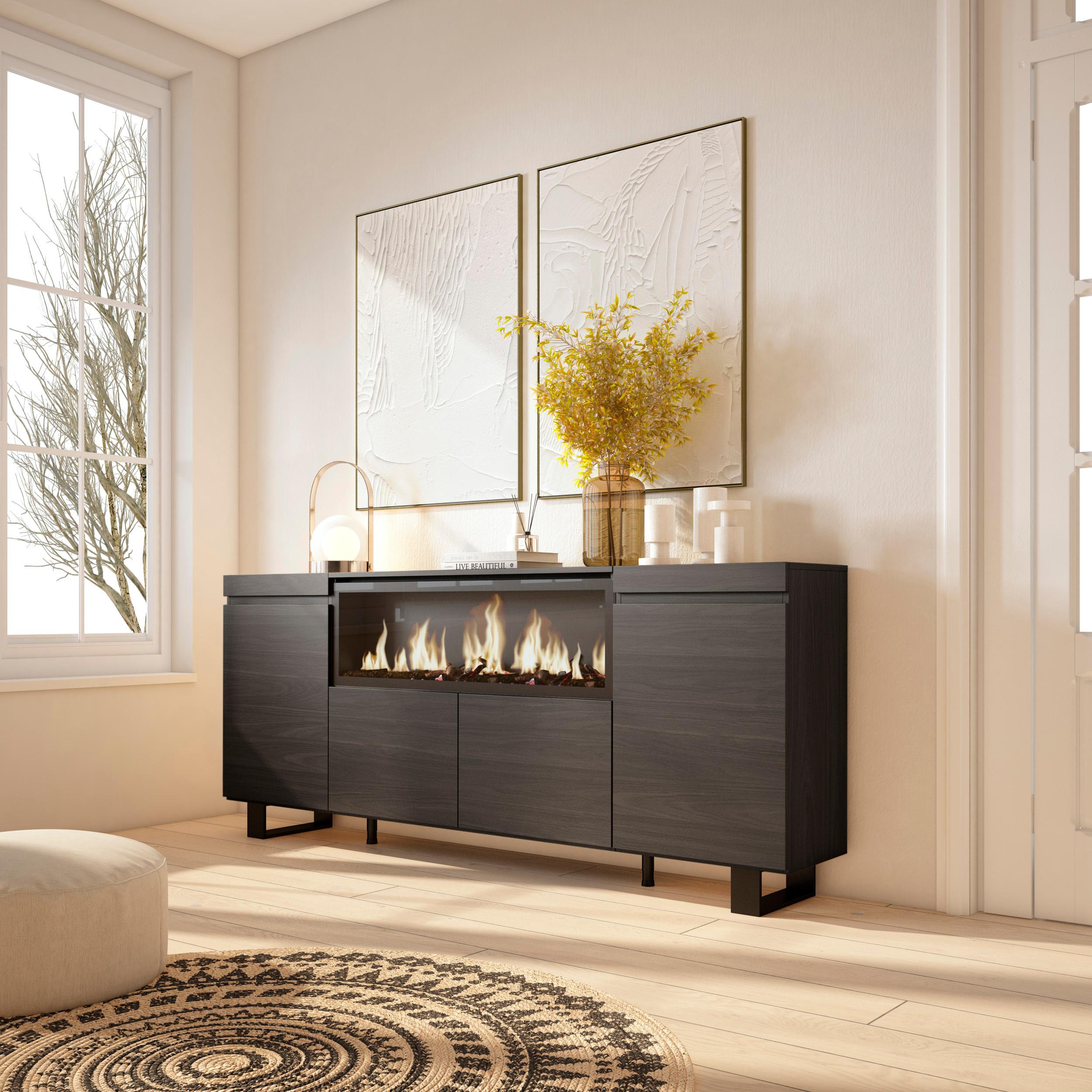 foto del prodotto credenza, mobile, 208x35x87cm, 4 porte, camino elettrico xxl, design industriale, nero rf3216
