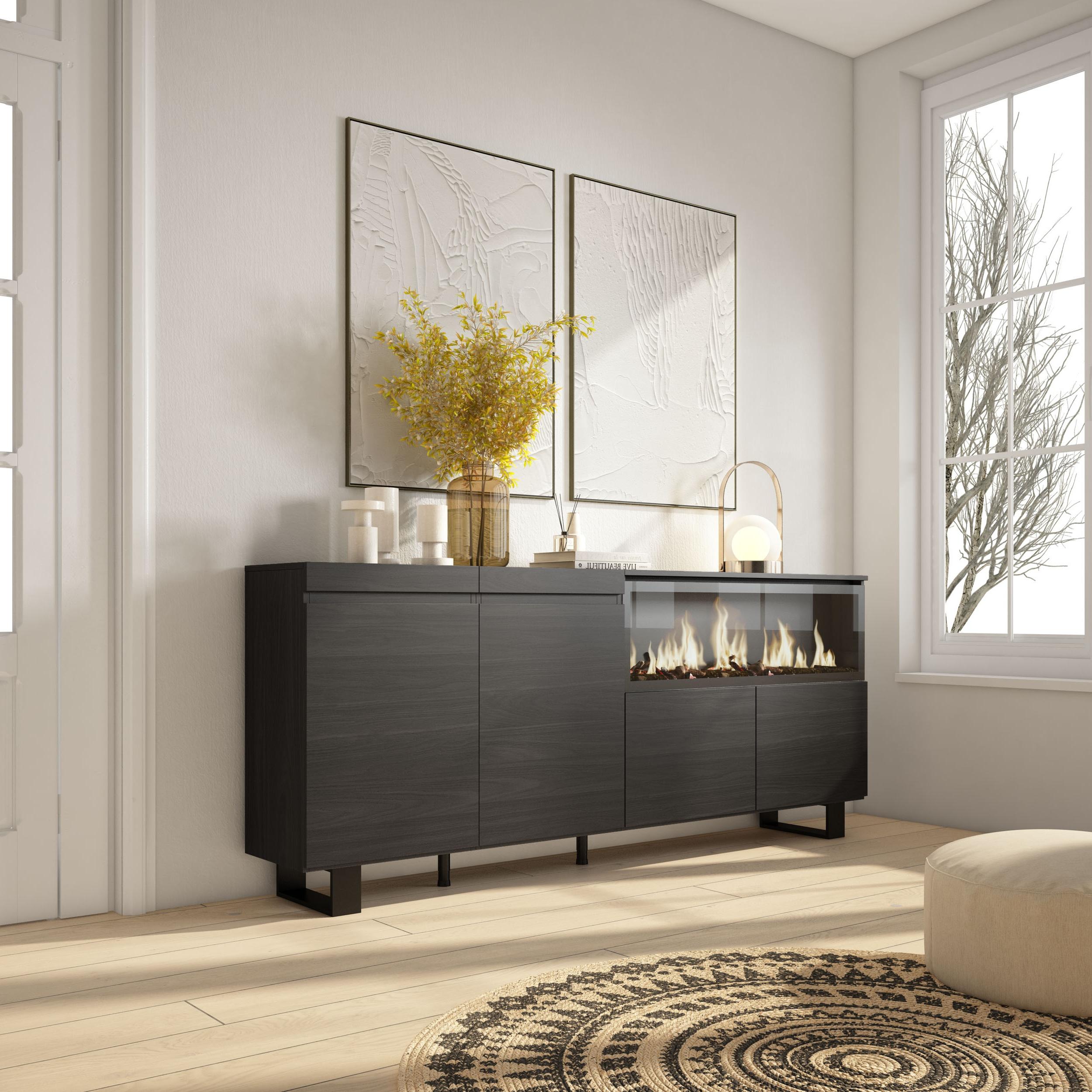 foto del prodotto credenza, mobile, 208x35x87cm, 4 porte, camino elettrico xxl, design industriale, nero rf3218