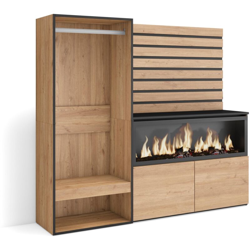 foto del prodotto credenza, mobile, buffet, stoccaggio, 167x145x35 cm, camera da letto, stanza, camino elettrico xxl, armadio aperto, stile moderno, rovere skraut