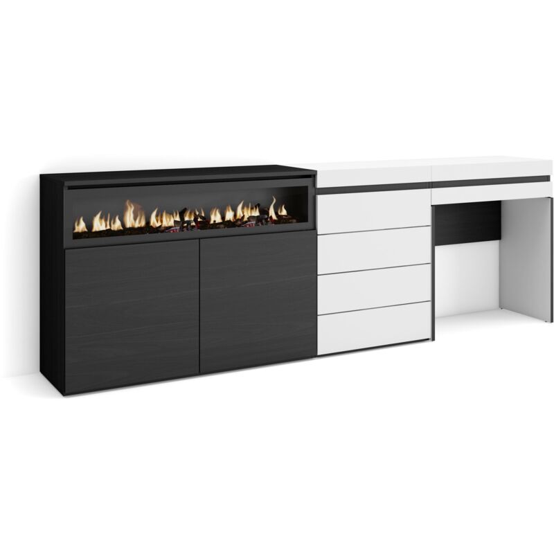 foto del prodotto credenza, mobile, buffet, stoccaggio, 227x75x35 cm, camera da letto, stanza, camino elettrico, cassettiera, tavolo da toeletta, stile moderno, bianco