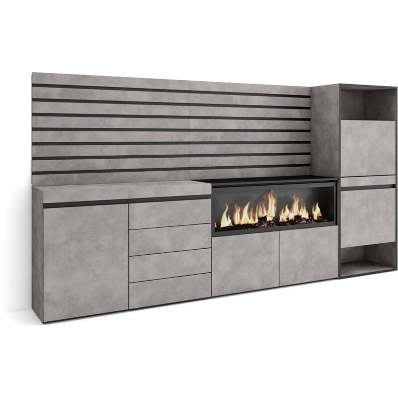 foto del prodotto credenza, mobile, buffet, stoccaggio, 274x145x35 cm, camera da letto, stanza, camino elettrico xxl, cassettiera, scarpiera, stile moderno, grigio