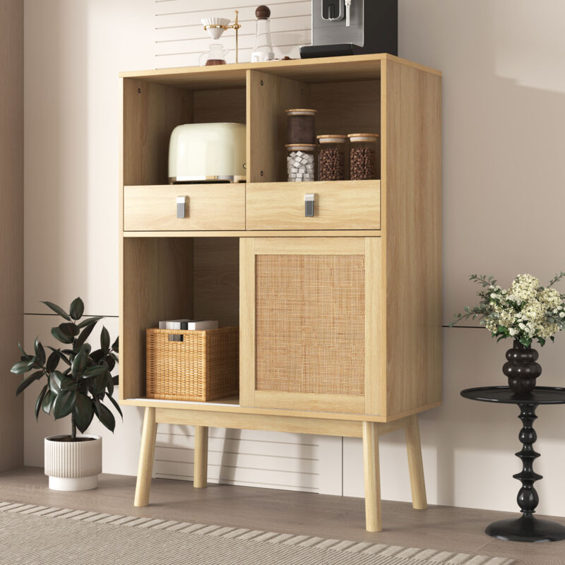 foto del prodotto credenza, mobile contenitore con ante in rattan intrecciato, 2 ante e 2 cassetti, 2 vani a giorno 80x39,5x120 cm, naturale