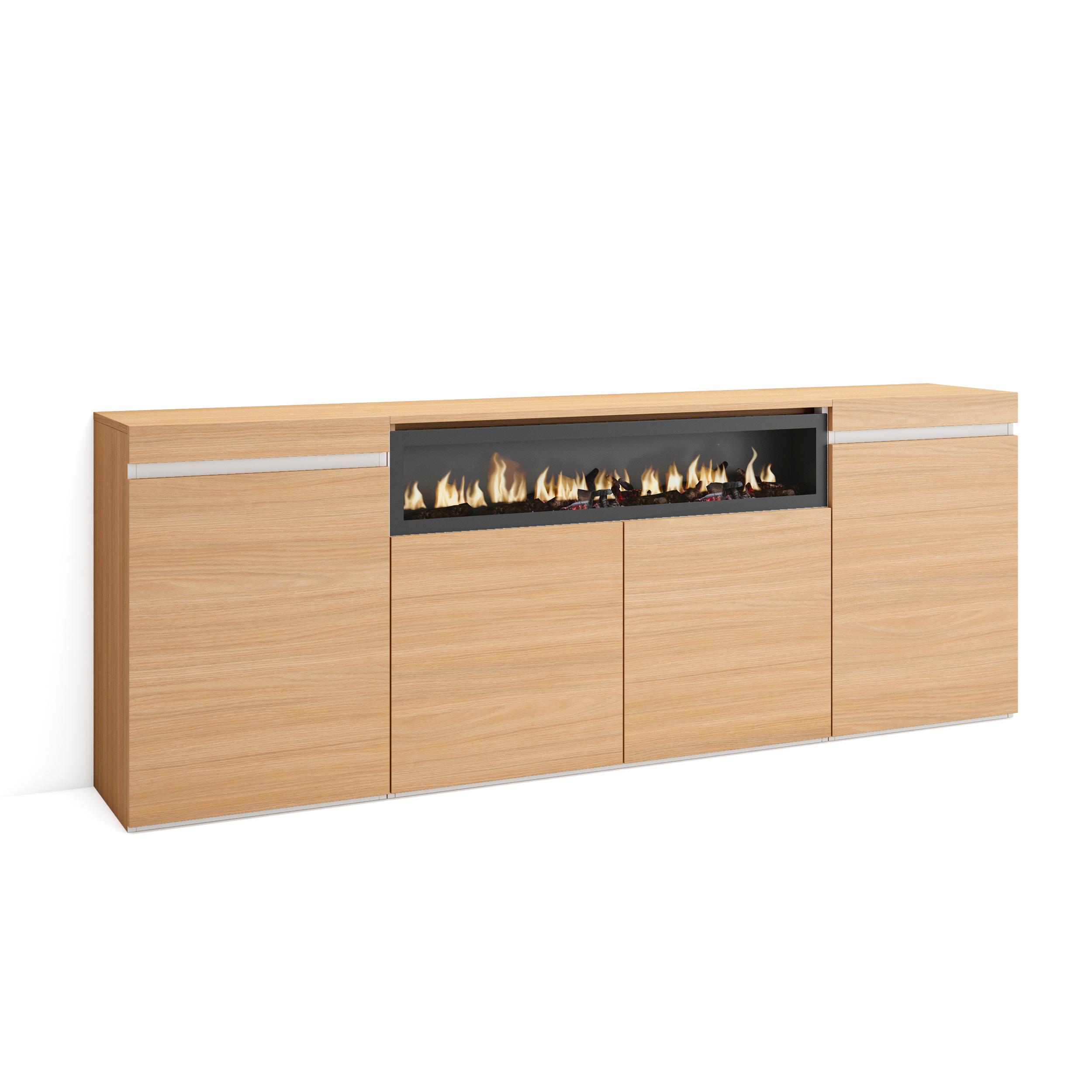 foto del prodotto credenza, mobile, cucina, 200x75x35cm, 4 porte, camino elettrico, rovere soft e bianco