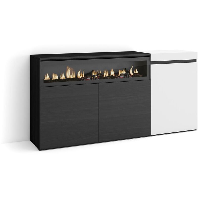 foto del prodotto credenza, mobile, cucina, madia, mobile ingresso, 150x75x35cm, 3 porte, camino elettrico, stile moderno, bianco e nero skraut home