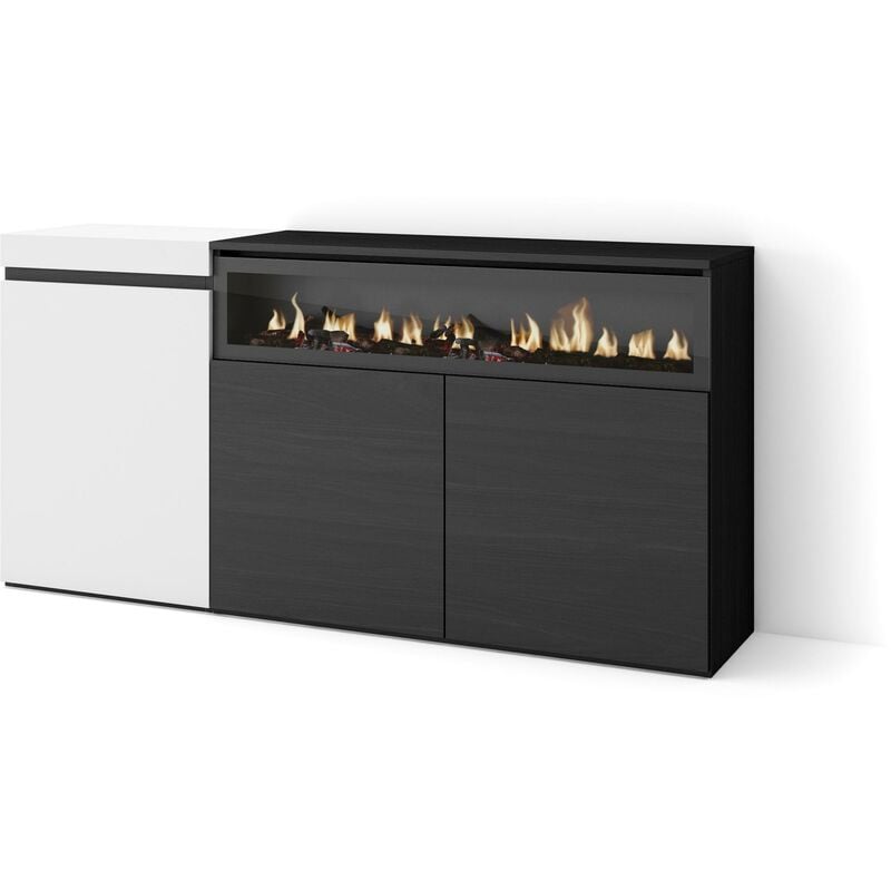 foto del prodotto credenza, mobile, cucina, madia, mobile ingresso, 150x75x35cm, 3 porte, camino elettrico, stile moderno, bianco e nero skraut home