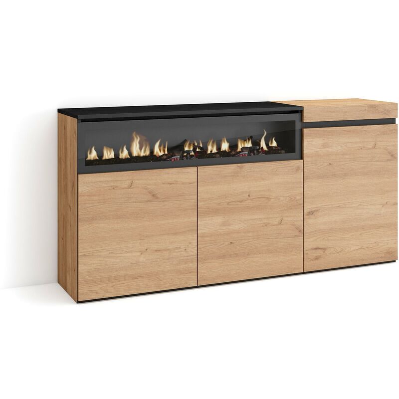 foto del prodotto credenza, mobile, cucina, madia, mobile ingresso, 150x75x35cm, 3 porte, camino elettrico, stile moderno, rovere e nero skraut home