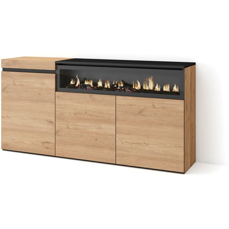 foto del prodotto credenza, mobile, cucina, madia, mobile ingresso, 150x75x35cm, 3 porte, camino elettrico, stile moderno, rovere e nero skraut home