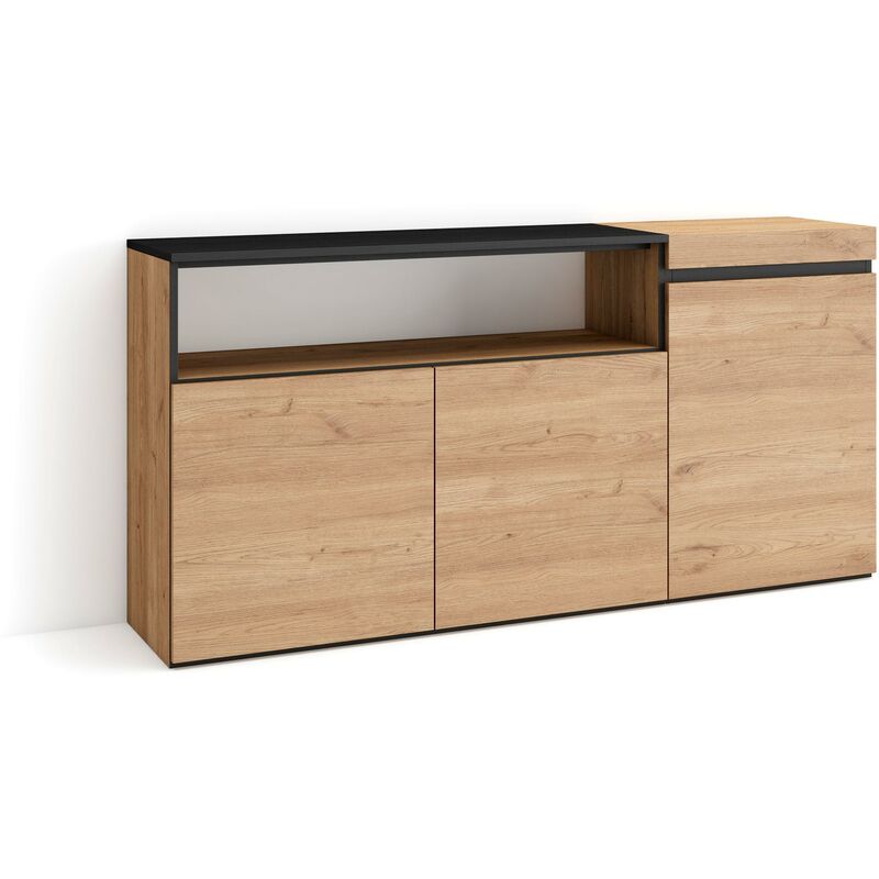 foto del prodotto credenza, mobile, cucina, madia, mobile ingresso, 150x75x35cm, 3 porte, grande stoccaggio, stile moderno, rovere e nero skraut home