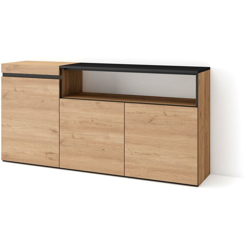 foto del prodotto credenza, mobile, cucina, madia, mobile ingresso, 150x75x35cm, 3 porte, grande stoccaggio, stile moderno, rovere e nero skraut home
