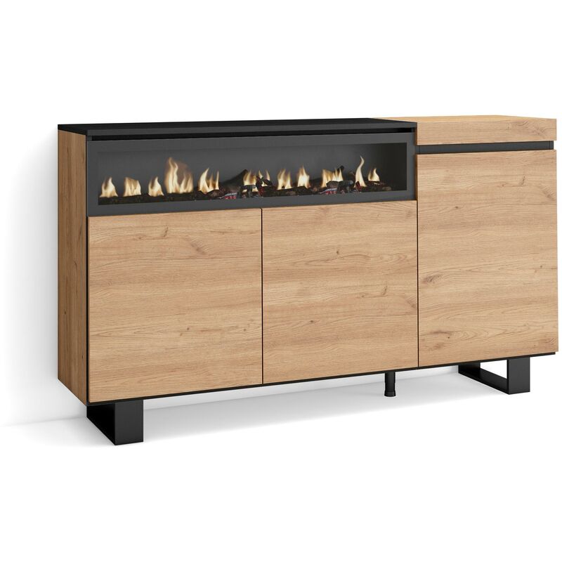 foto del prodotto credenza, mobile, cucina, madia, mobile ingresso, 150x87x35cm, 3 porte, camino elettrico, design industriale, stile moderno, rovere e nero skraut