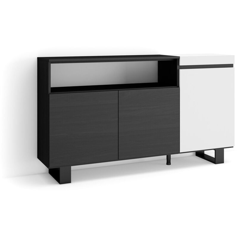 foto del prodotto credenza, mobile, cucina, madia, mobile ingresso, 150x87x35cm, 3 porte, design industriale, stile moderno, bianco e nero skraut home
