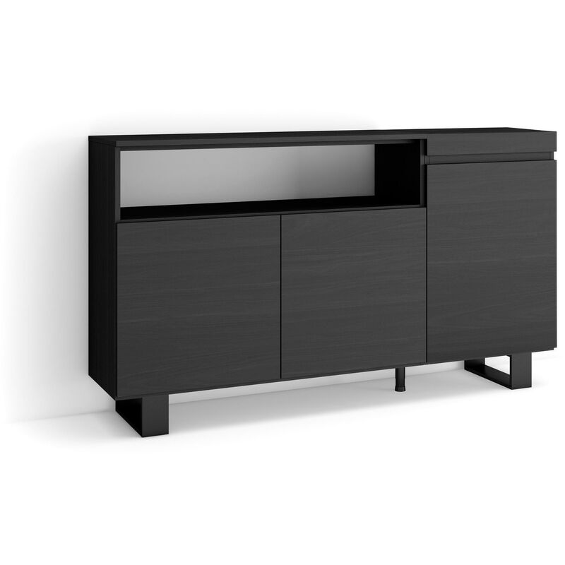 foto del prodotto credenza, mobile, cucina, madia, mobile ingresso, 150x87x35cm, 3 porte, design industriale, stile moderno, nero skraut home