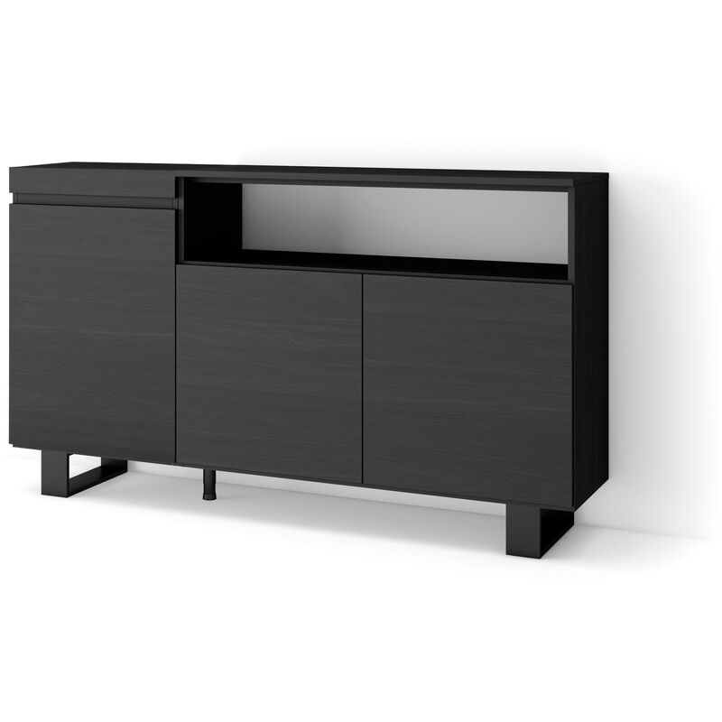 foto del prodotto credenza, mobile, cucina, madia, mobile ingresso, 150x87x35cm, 3 porte, design industriale, stile moderno, nero skraut home