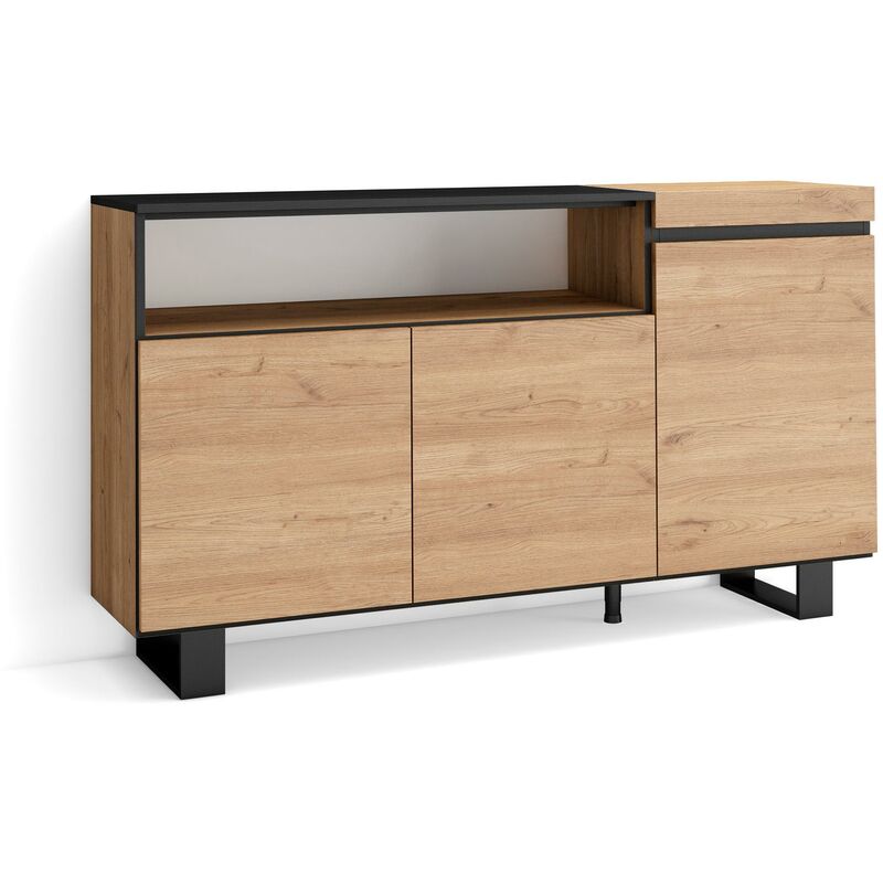 foto del prodotto credenza, mobile, cucina, madia, mobile ingresso, 150x87x35cm, 3 porte, design industriale, stile moderno, rovere e nero skraut home
