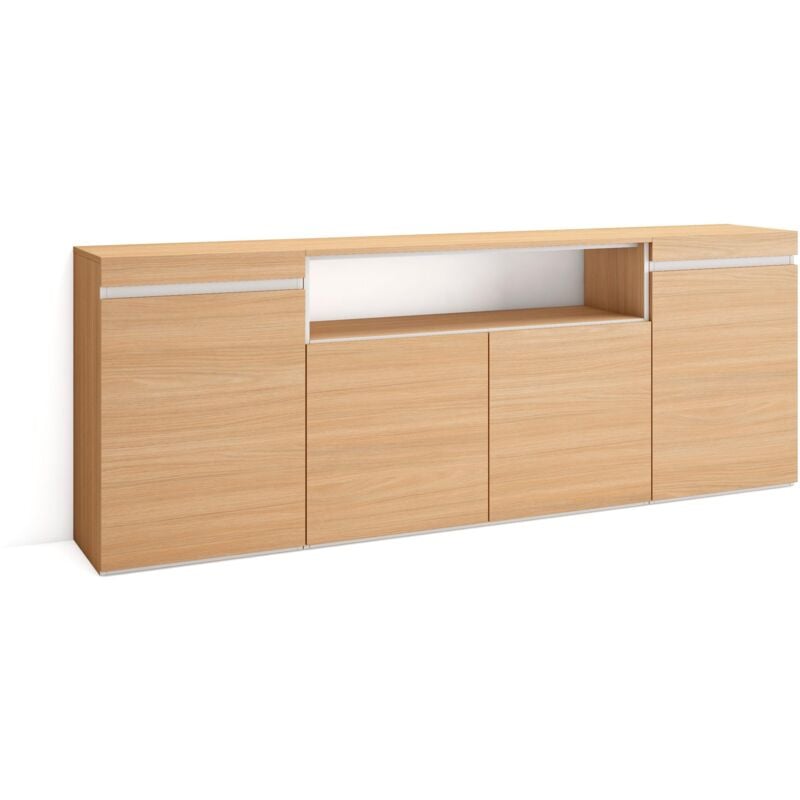 foto del prodotto credenza, mobile, cucina, madia, mobile ingresso, 200x35x75cm, 4 porte, grande stoccaggio, stile moderno, rovere soft e bianco skraut home