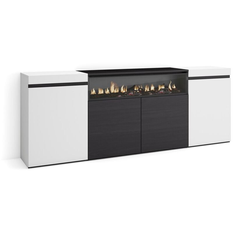 foto del prodotto credenza, mobile, cucina, madia, mobile ingresso, 200x75x35cm, 4 porte, camino elettrico, stile moderno, bianco e nero skraut home