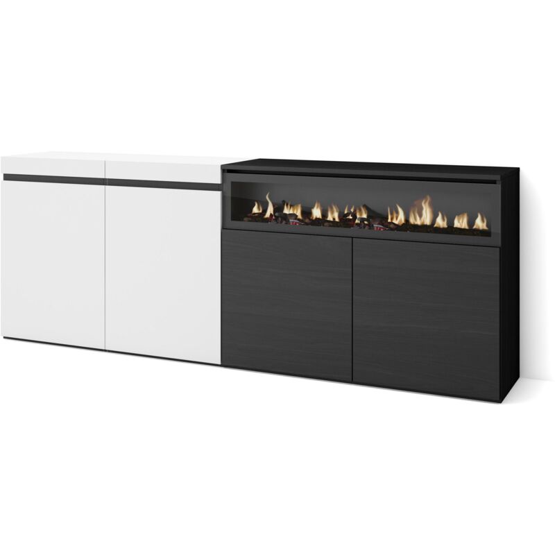 foto del prodotto credenza, mobile, cucina, madia, mobile ingresso, 200x75x35cm, 4 porte, camino elettrico, stile moderno, bianco e nero skraut home