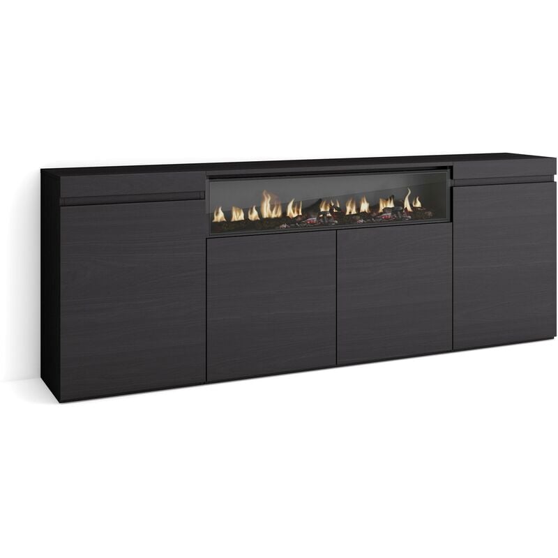 foto del prodotto credenza, mobile, cucina, madia, mobile ingresso, 200x75x35cm, 4 porte, camino elettrico, stile moderno, nero skraut home