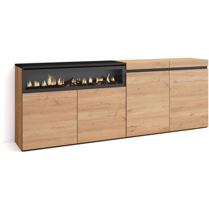 foto del prodotto credenza, mobile, cucina, madia, mobile ingresso, 200x75x35cm, 4 porte, camino elettrico, stile moderno, rovere e nero skraut home